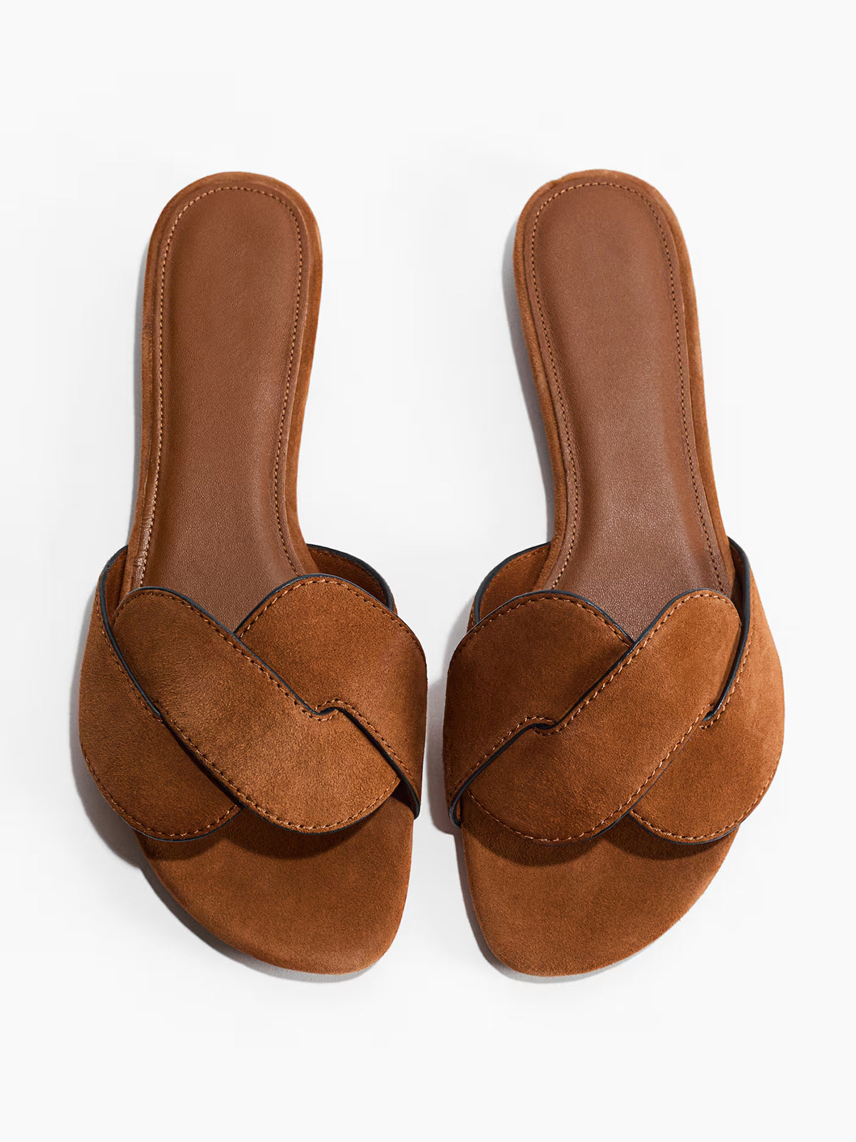Brown Faux Suede Square-Toe Braided Strap Flats Sandals