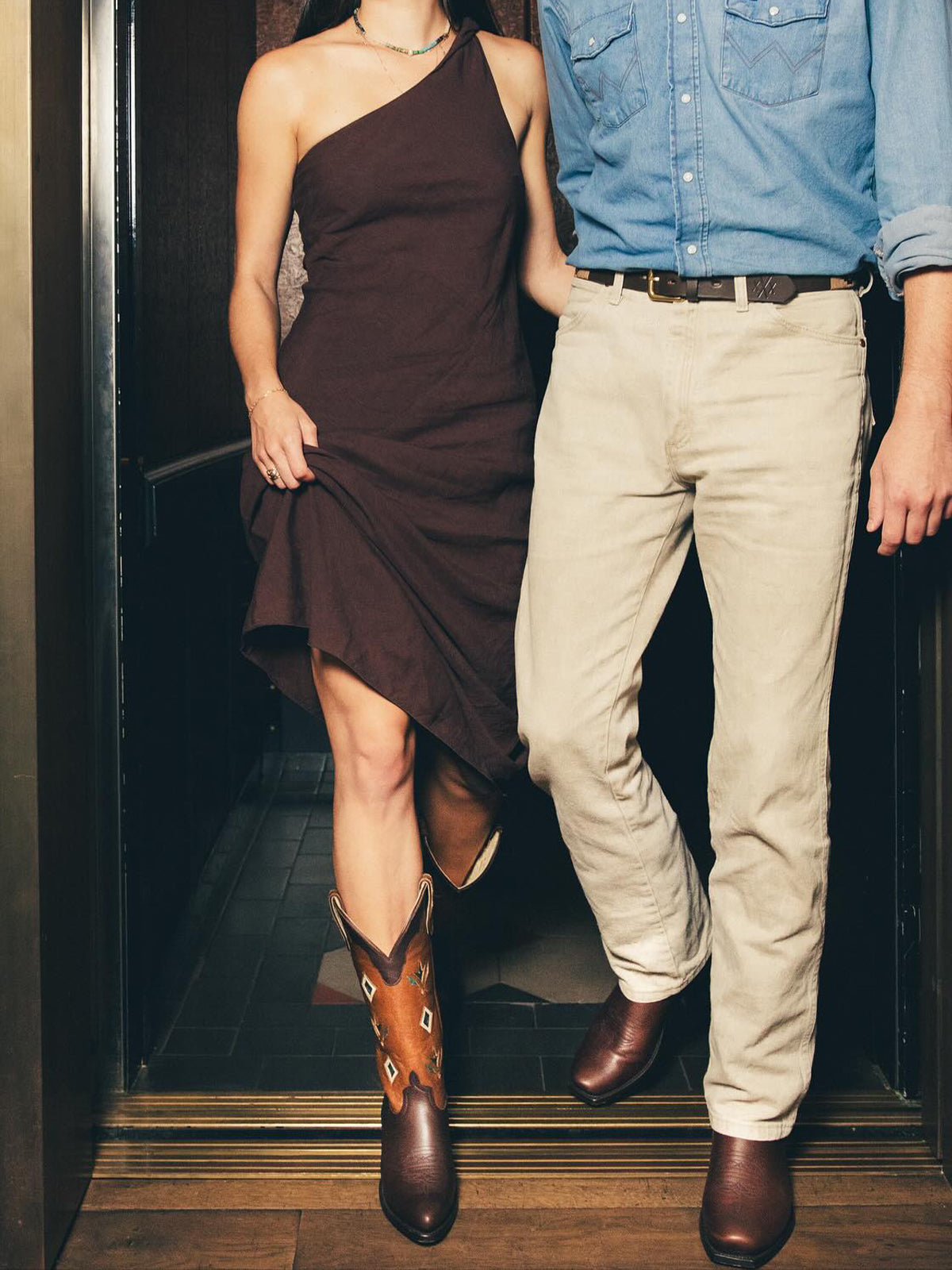 Contrast Brown And Chocolate Round-Toe Inlay Mid Calf Cowgirl Boots