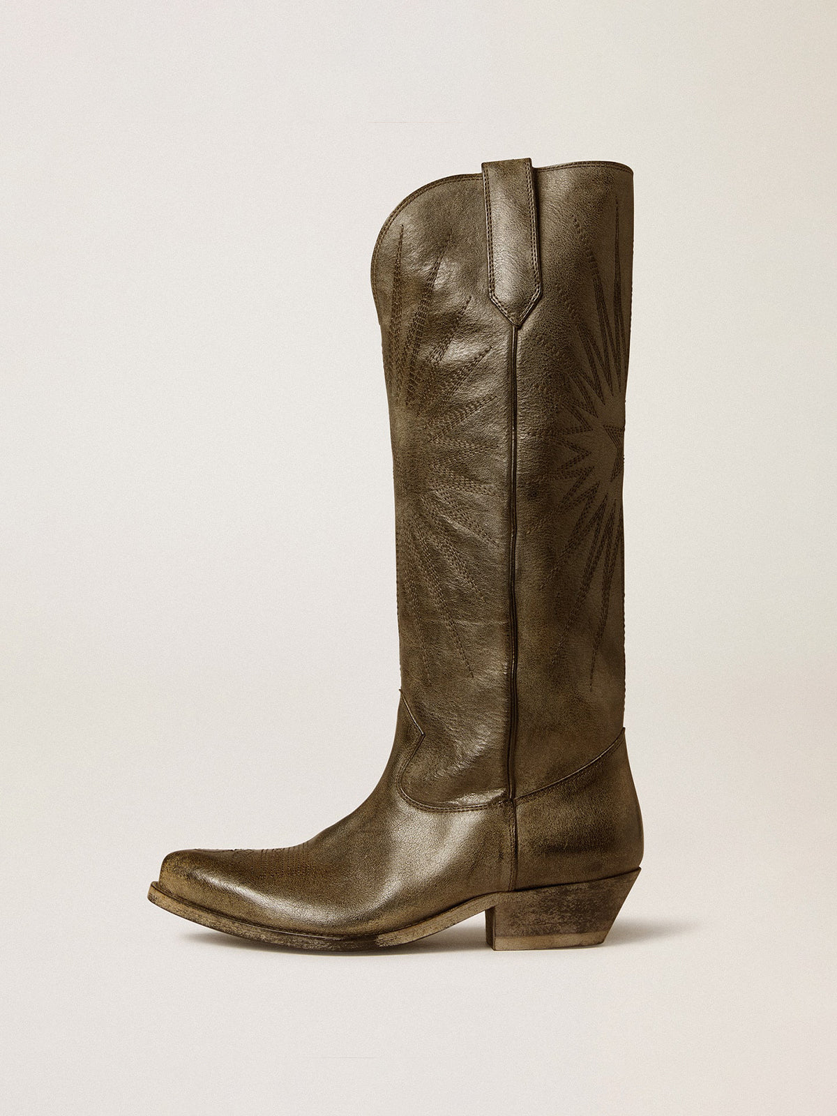 Dark Olive Green Snip-Toe Star Embroidery Wide Calf Knee High Classic Cowgirl Boots