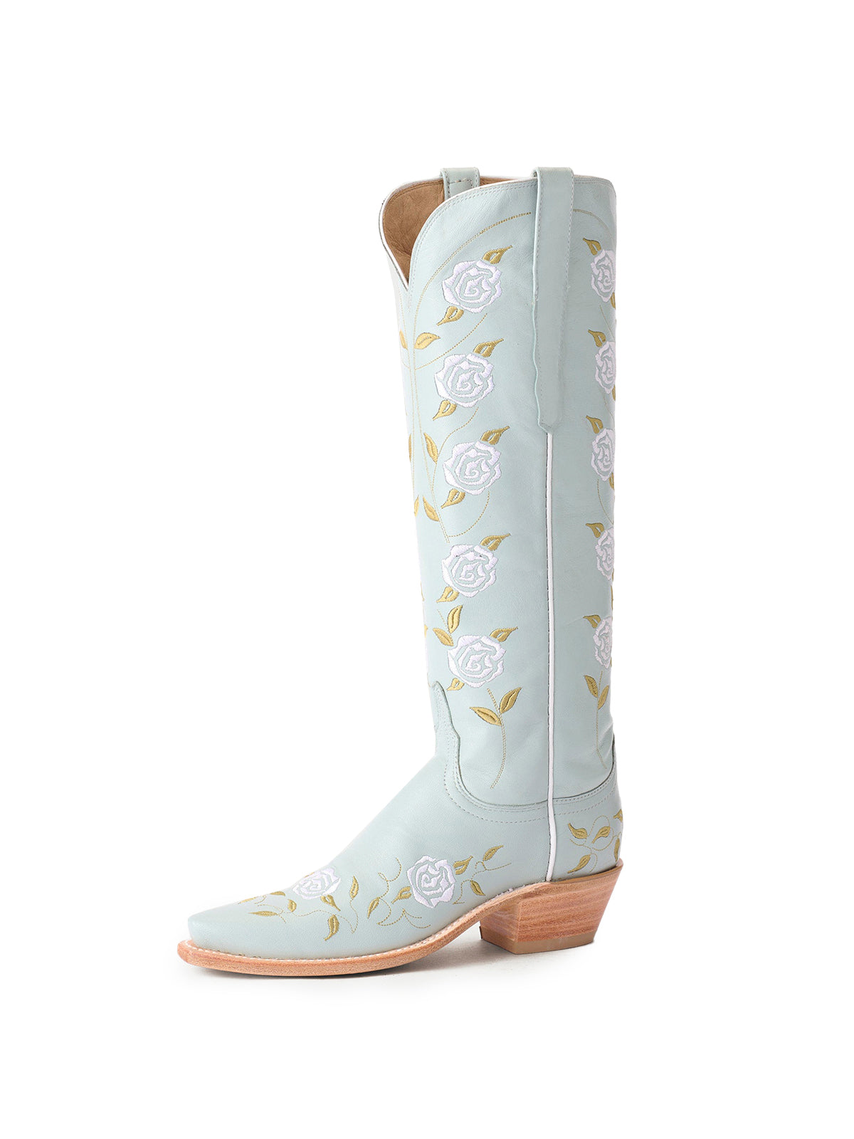 Powder Blue Snip-Toe Rose Embroidery Wide Calf Knee High Cowgirl Boots