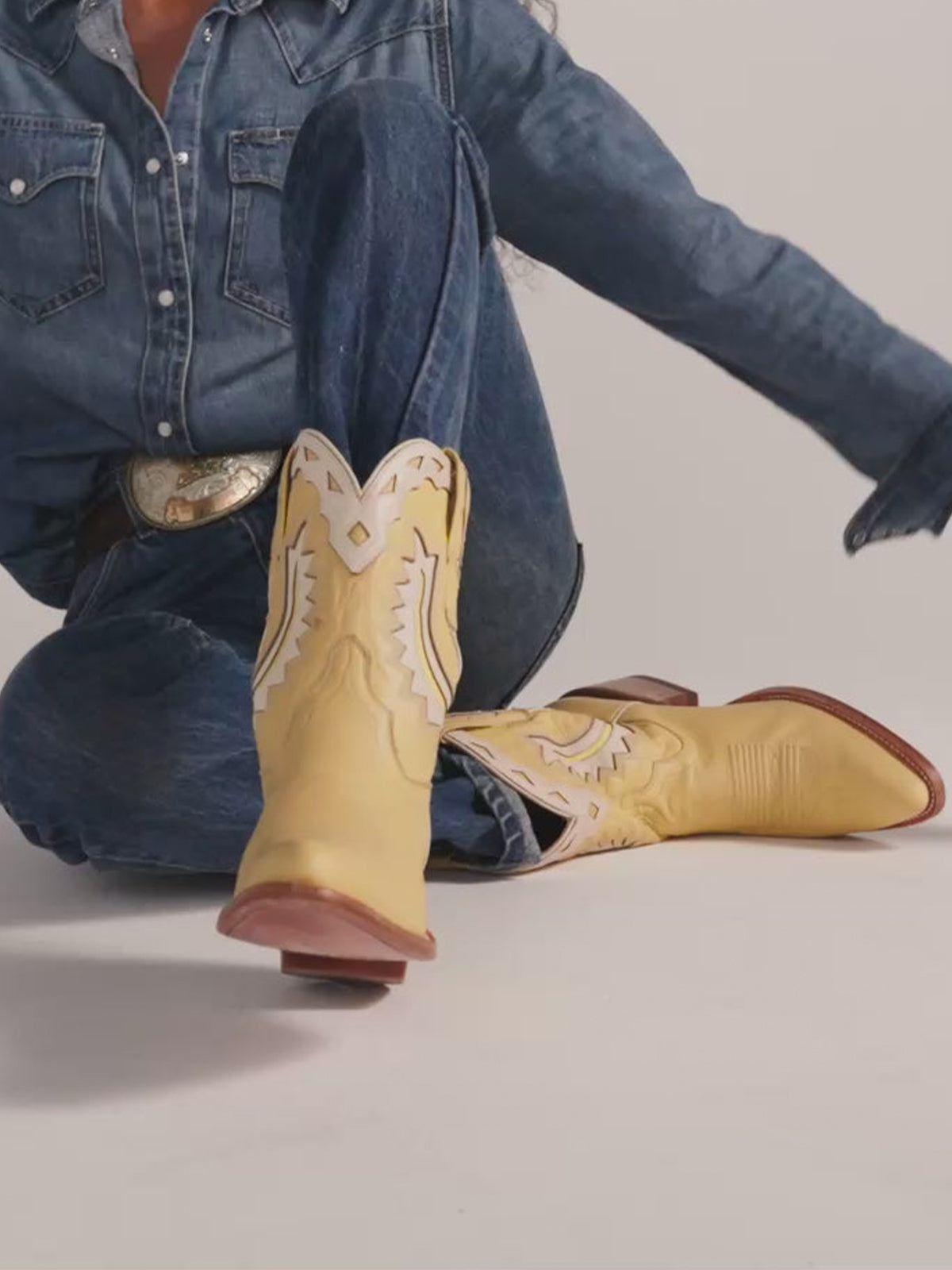 Pale Yellow Almond-Toe Horseshoe Inlay Cowgirl Ankle Boots