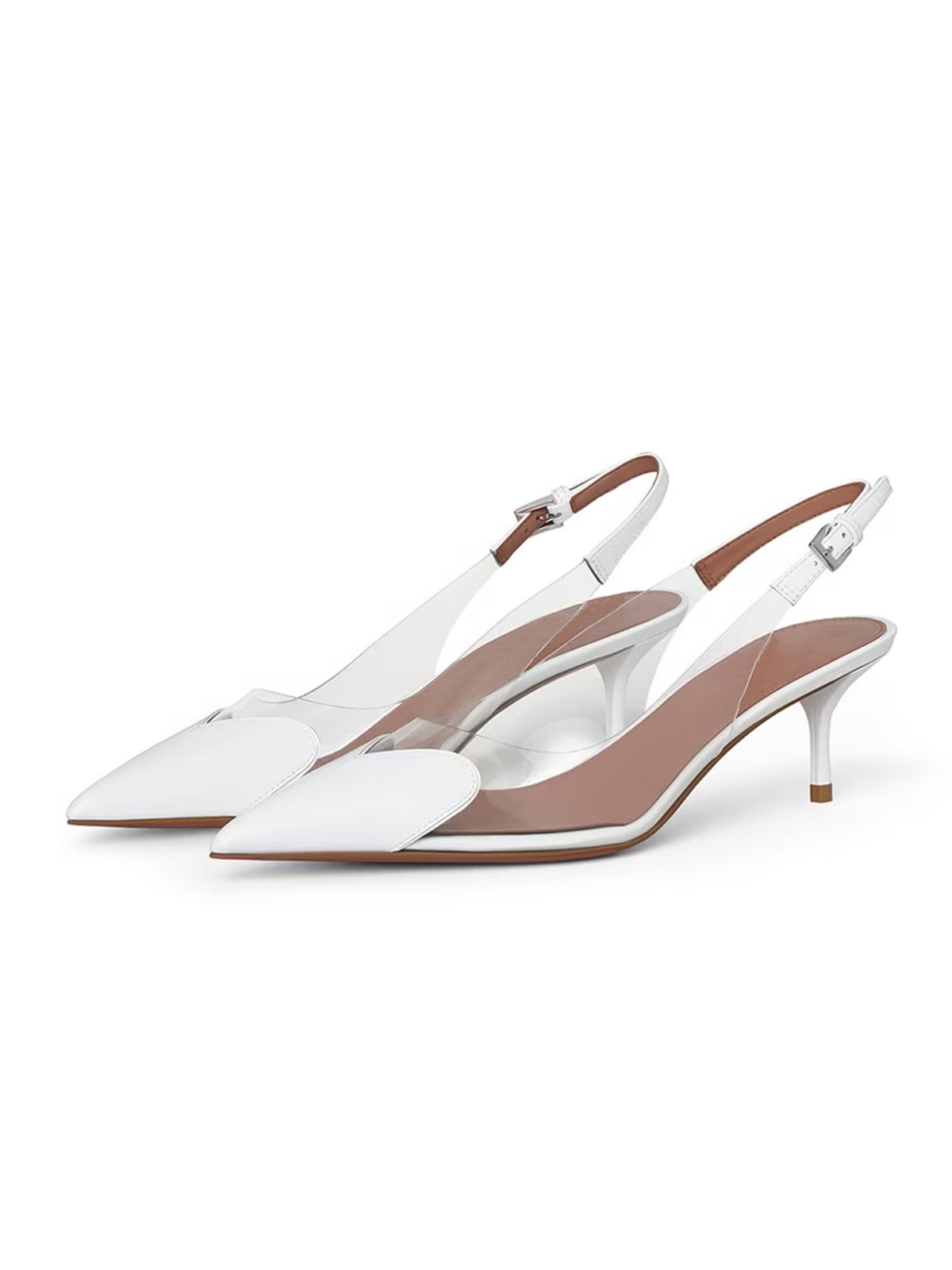 Patent White And TPU Transparent Film Pointed-Toe Slip-On Kitten Heels