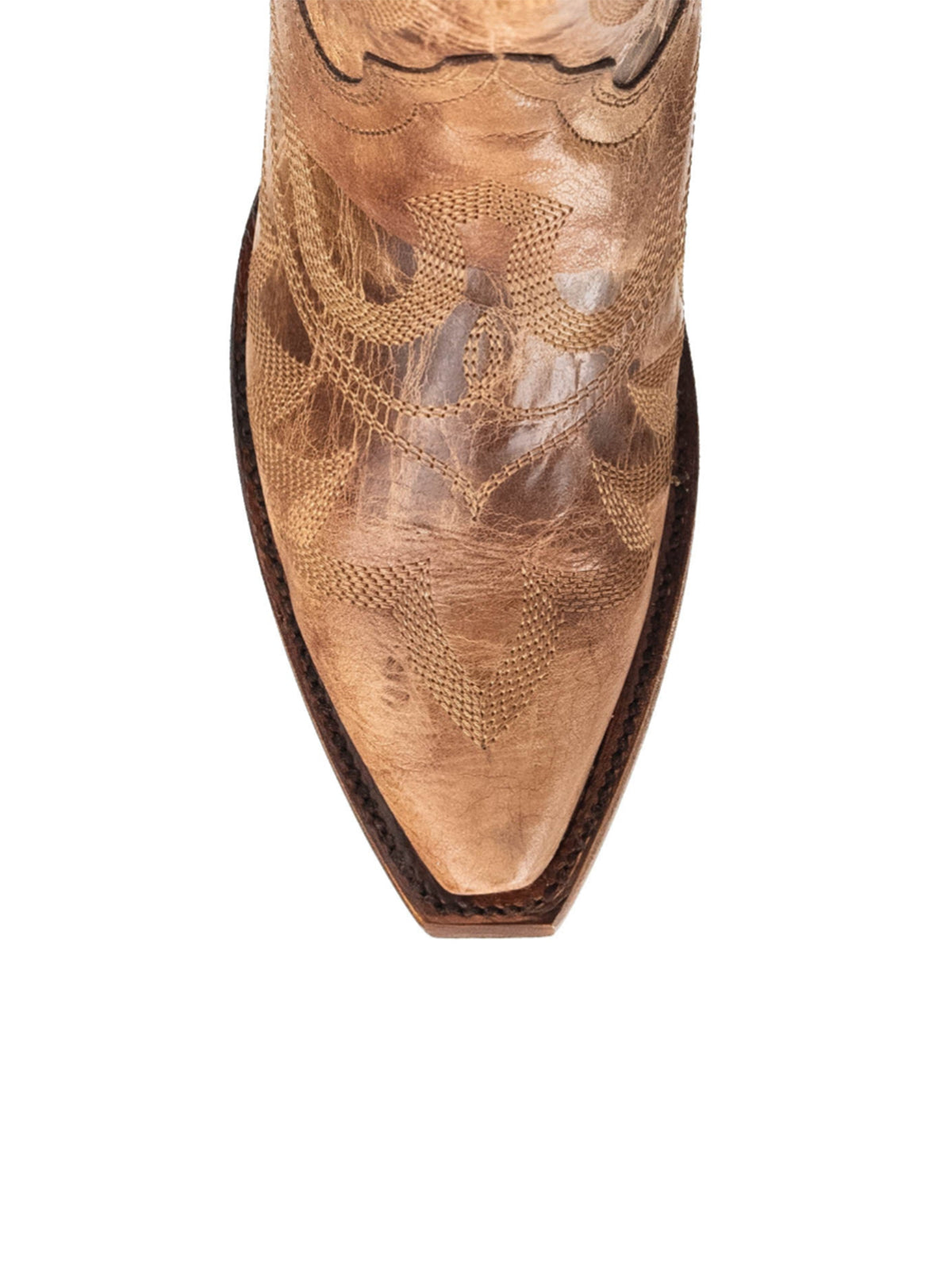Snip-Toe Sleek Embroidery Mid Calf Cowgirl Boots For Woman - Distressed Tan