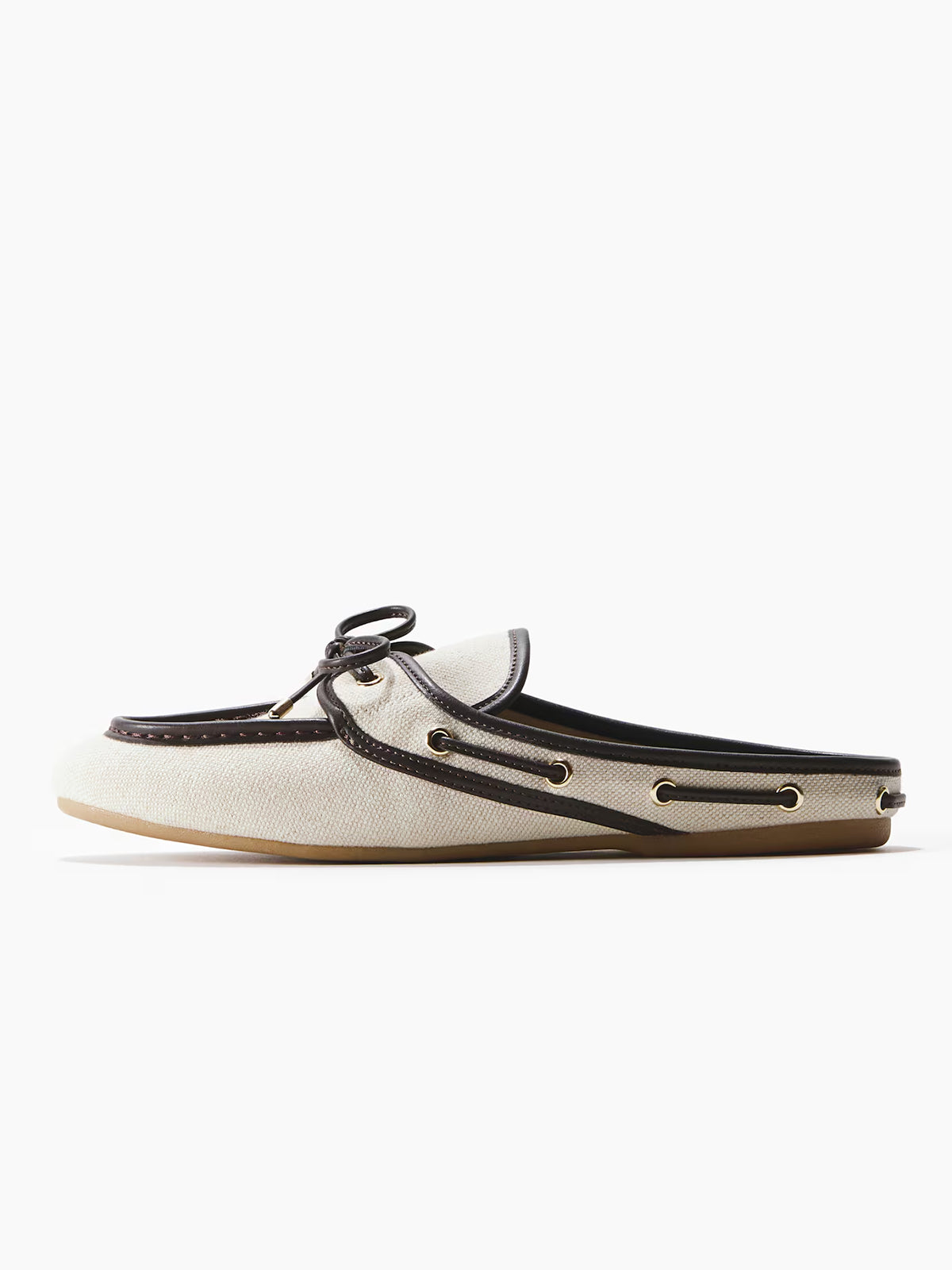 Cream Canvas Round-Toe Front Bow Chic Mules Flats