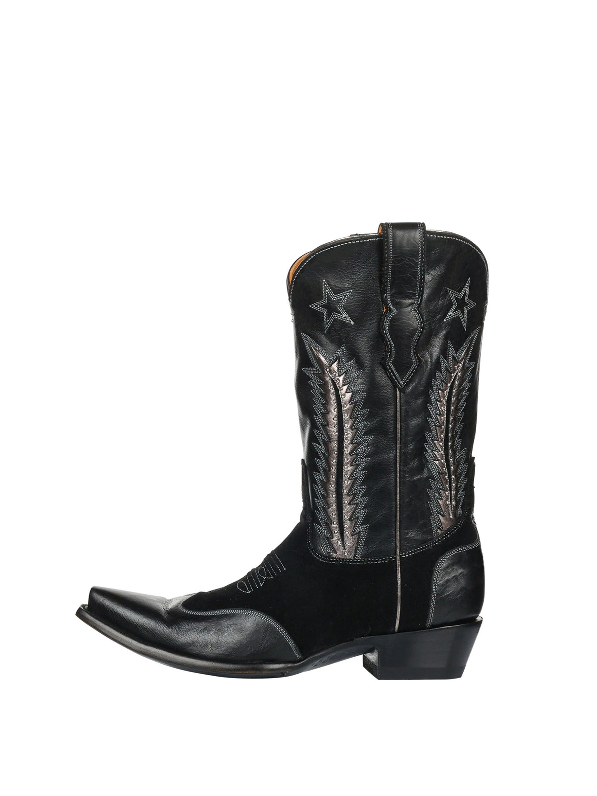 Black Snip-Toe Star Embroidery Studs Classic Inlay Half-Zip Mid Calf Cowgirl Boots