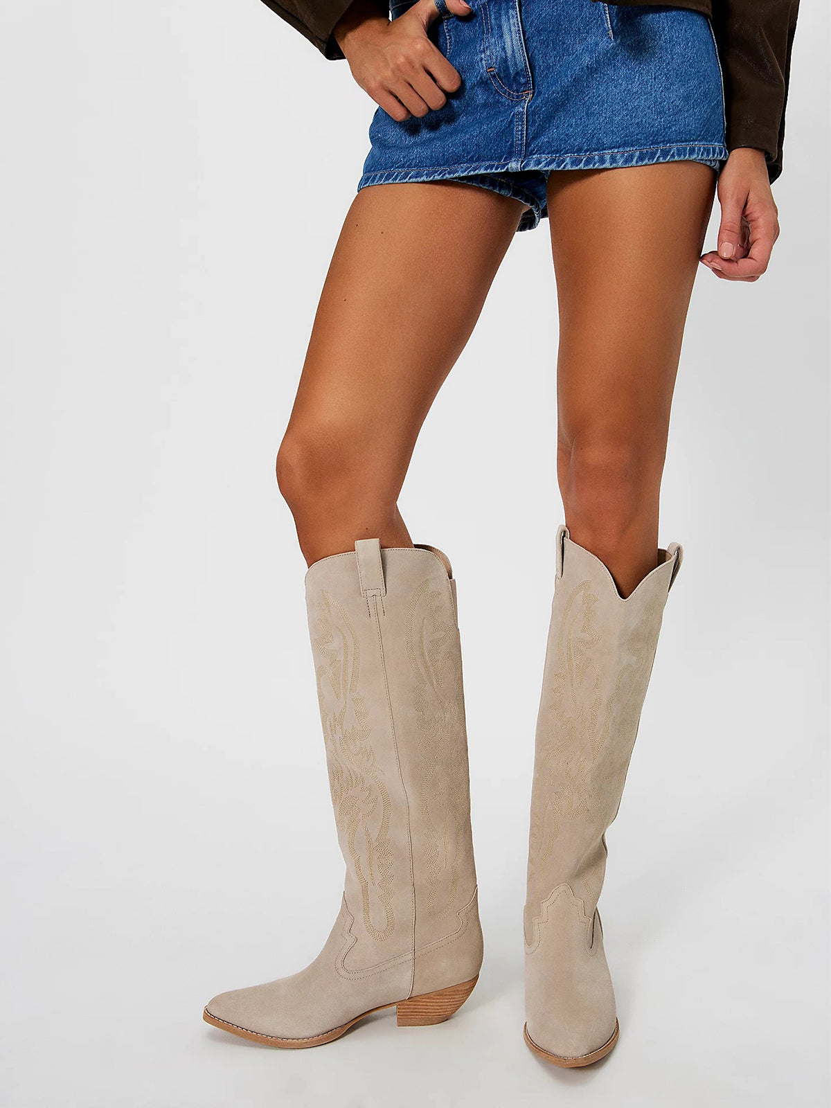 Beige Faux Suede Pointed-Toe Embroidery Wide Calf Knee High Cowgirl Boots For Women