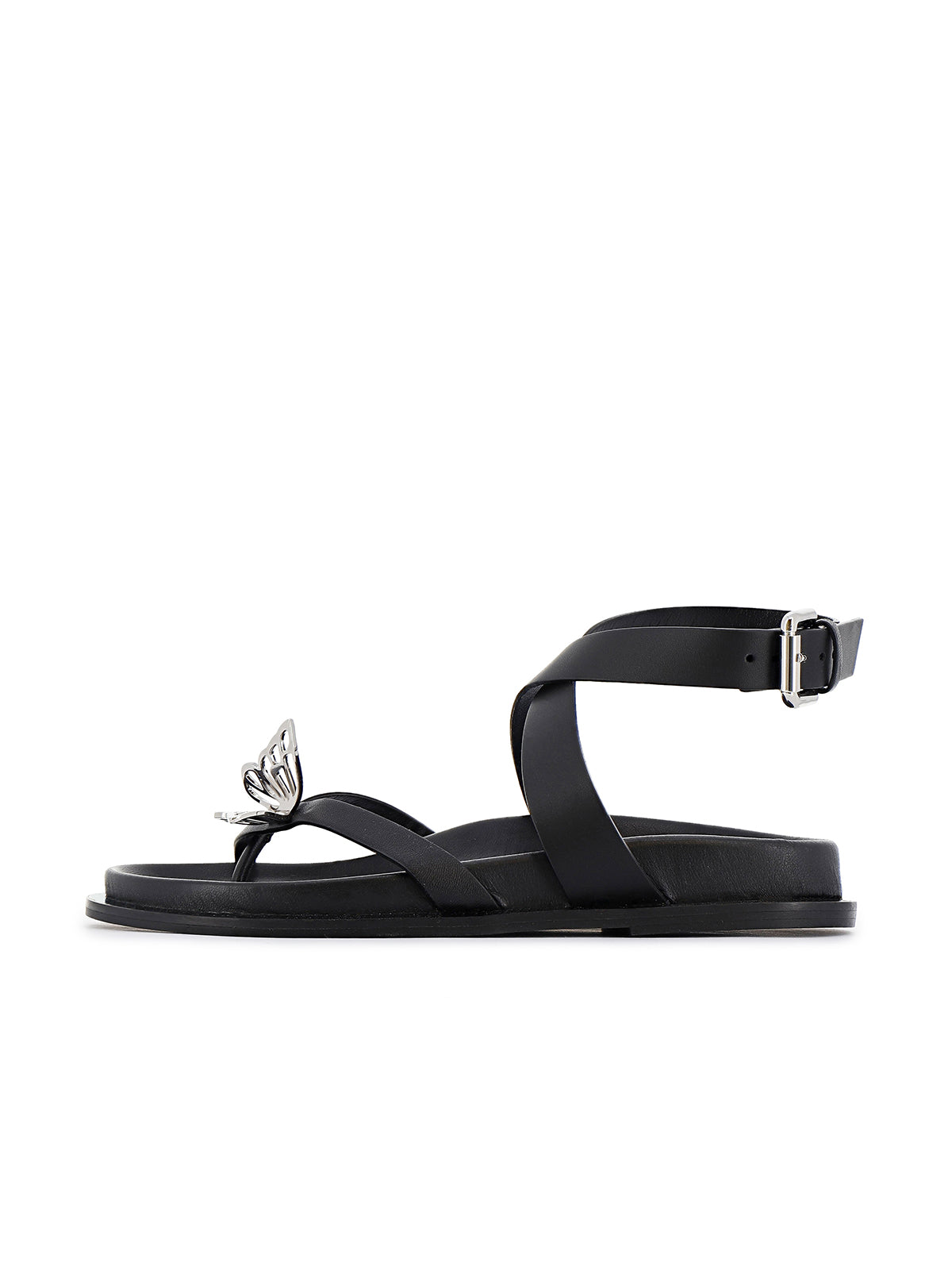 Black Round-Toe Front Butterfly Applique Flip Flop Flat Sandals