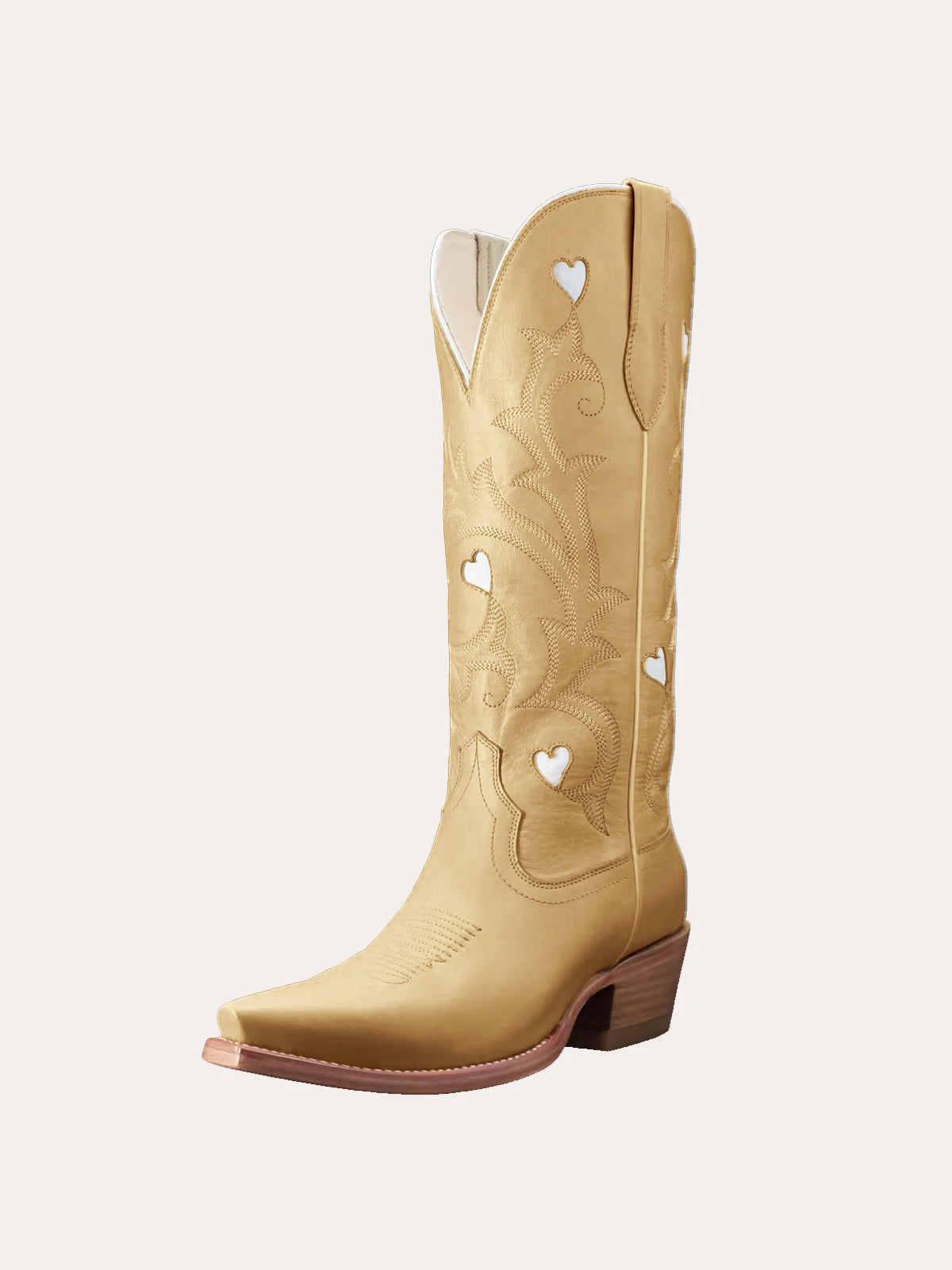 Yellow Snip-Toe Embroidery White Heart Inlay Mid Calf Cowgirl Boots