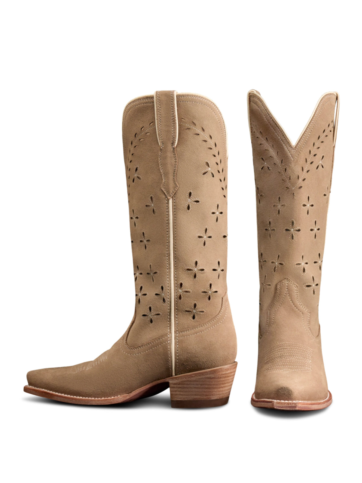 Taupe Faux Suede Snip-Toe Leaves Cutout Mid Calf Cowgirl Boots