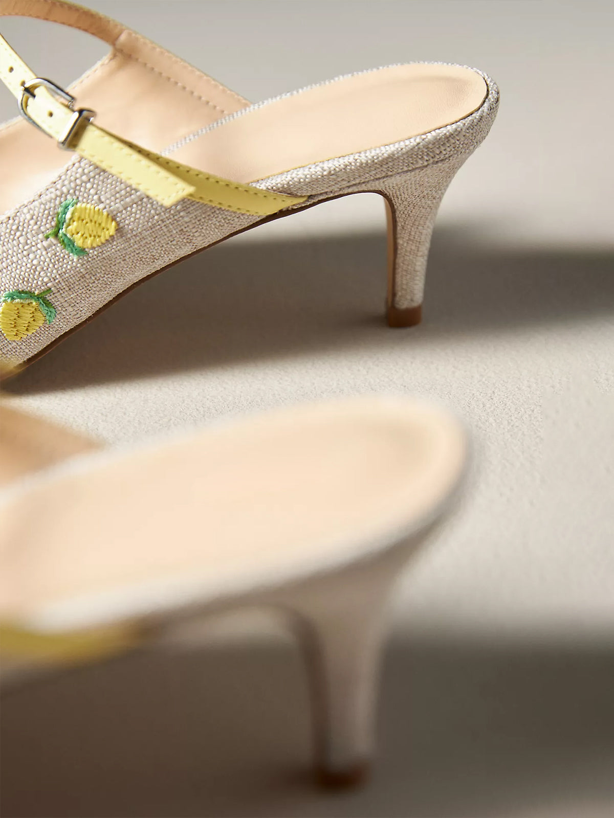 Green Canvas Pointed-Toe Lemon Embroidery Bridge Strap Kitten Heels With Bow