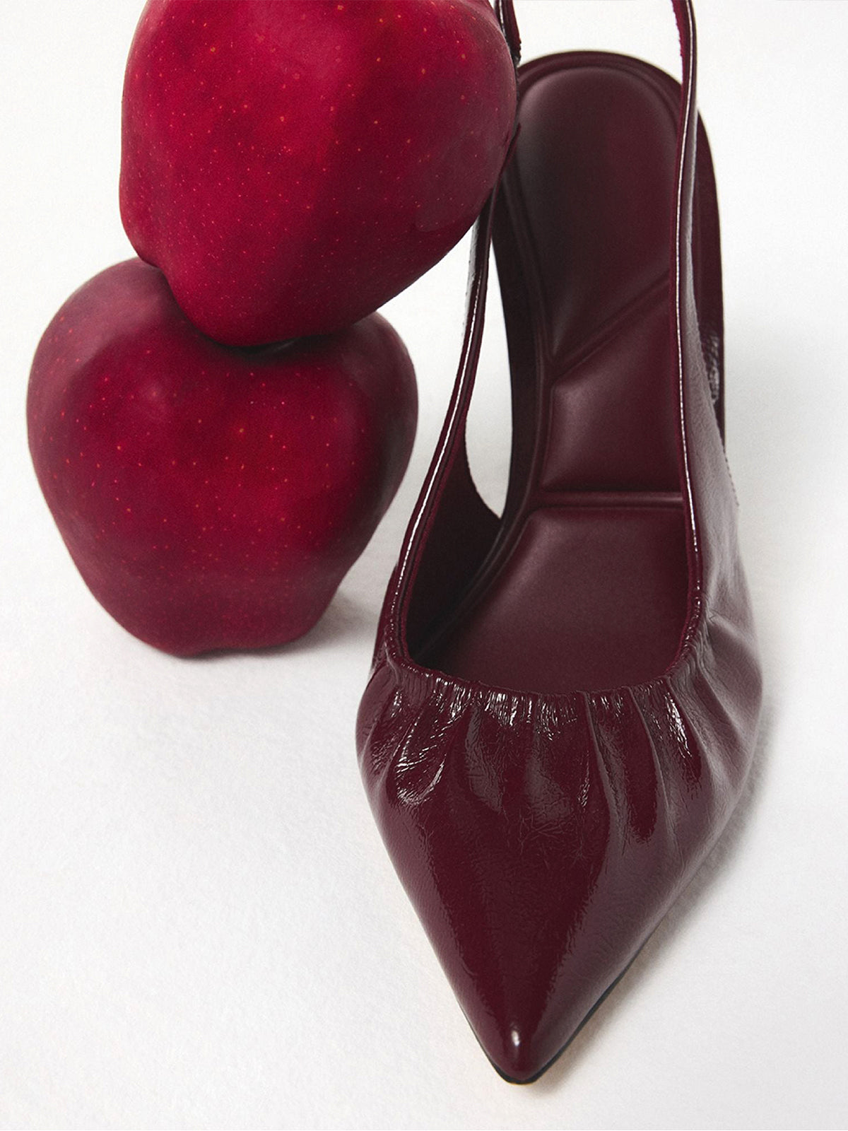 Patent Burgundy Pointed-Toe Ruched Vamp Slingback High Heels