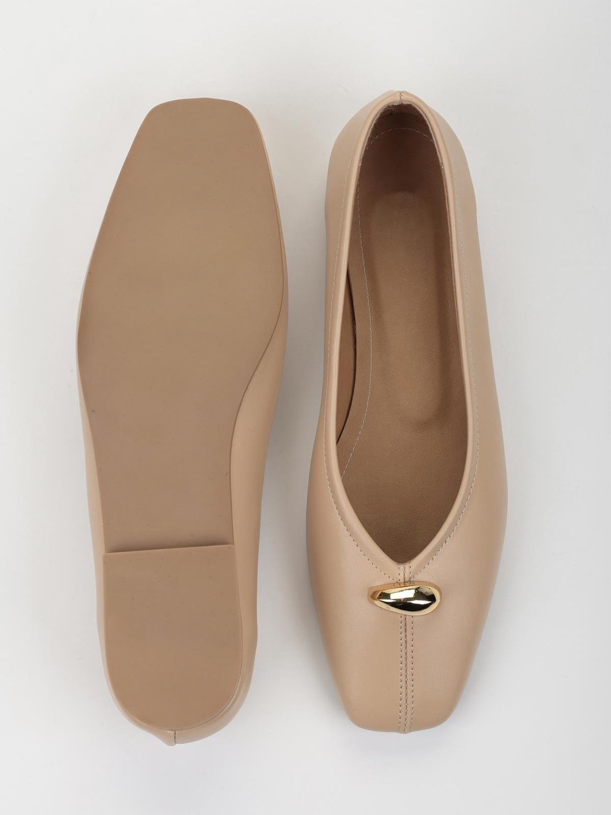 Nude Square-Toe Front Gold Metal Detail Slip-On Flats