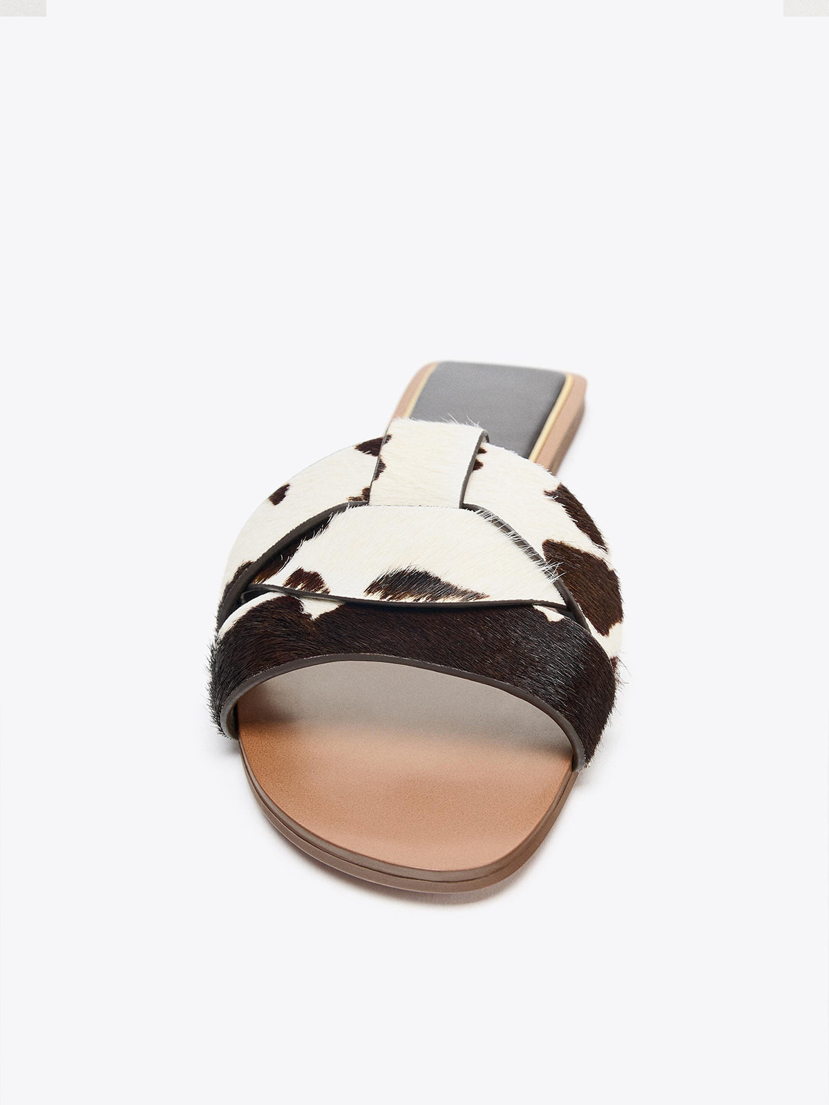 Front Crossover Strap Round-Toe Flat Sandals - Cow Faux Pony Hair