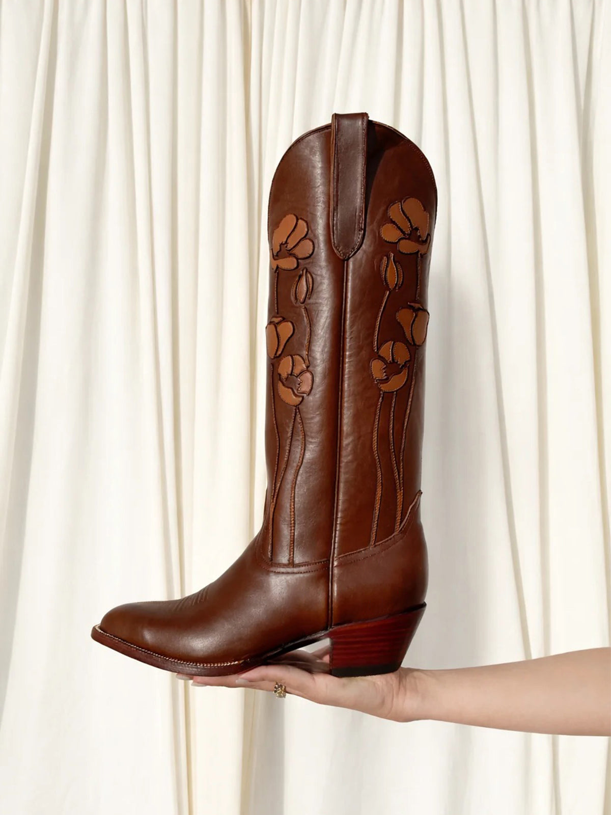 Coffee Almond-Toe Flowers Applique Wide Calf Knee High Chic Cowgirl Boots