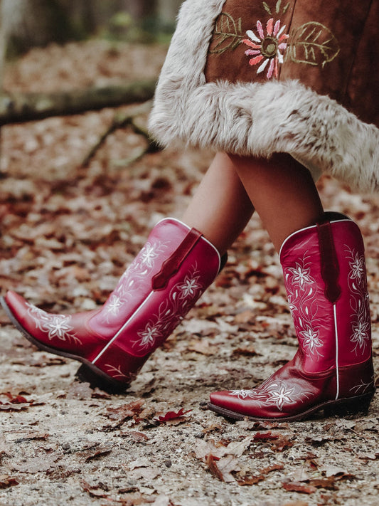 Burgundy Snip-Toe Floral Embroidery Mid Calf Cowgirl Boots