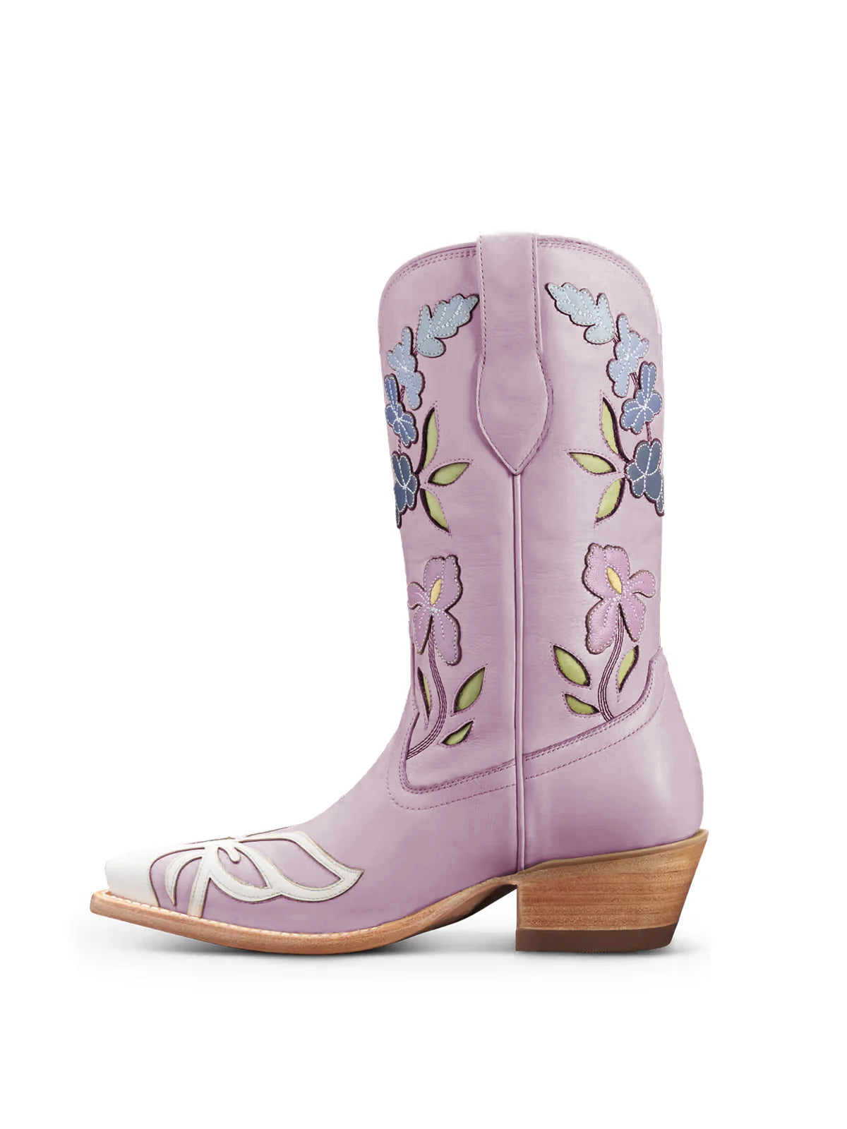 Lavender Snip-Toe Flower Applique Mid Calf Pull On Cowgirl Boots