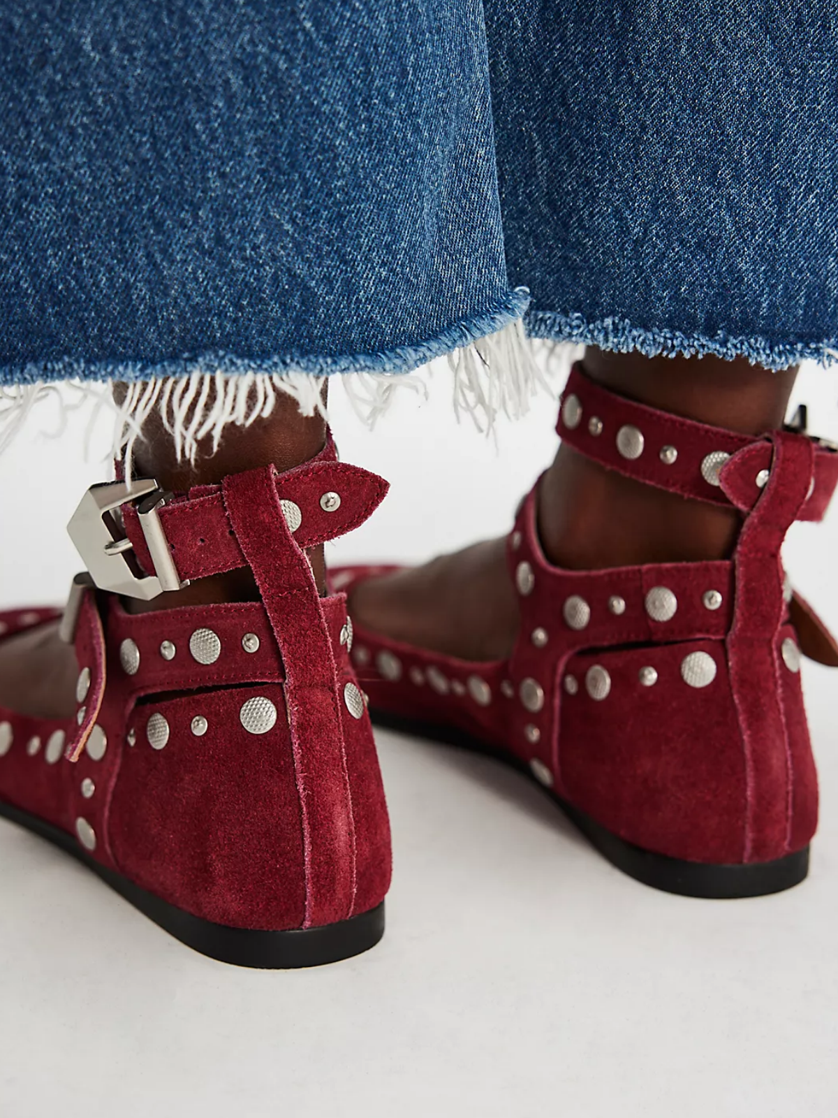 Burgundy Faux Suede Square-Toe Studded Mary Janes Double-Strap Flats