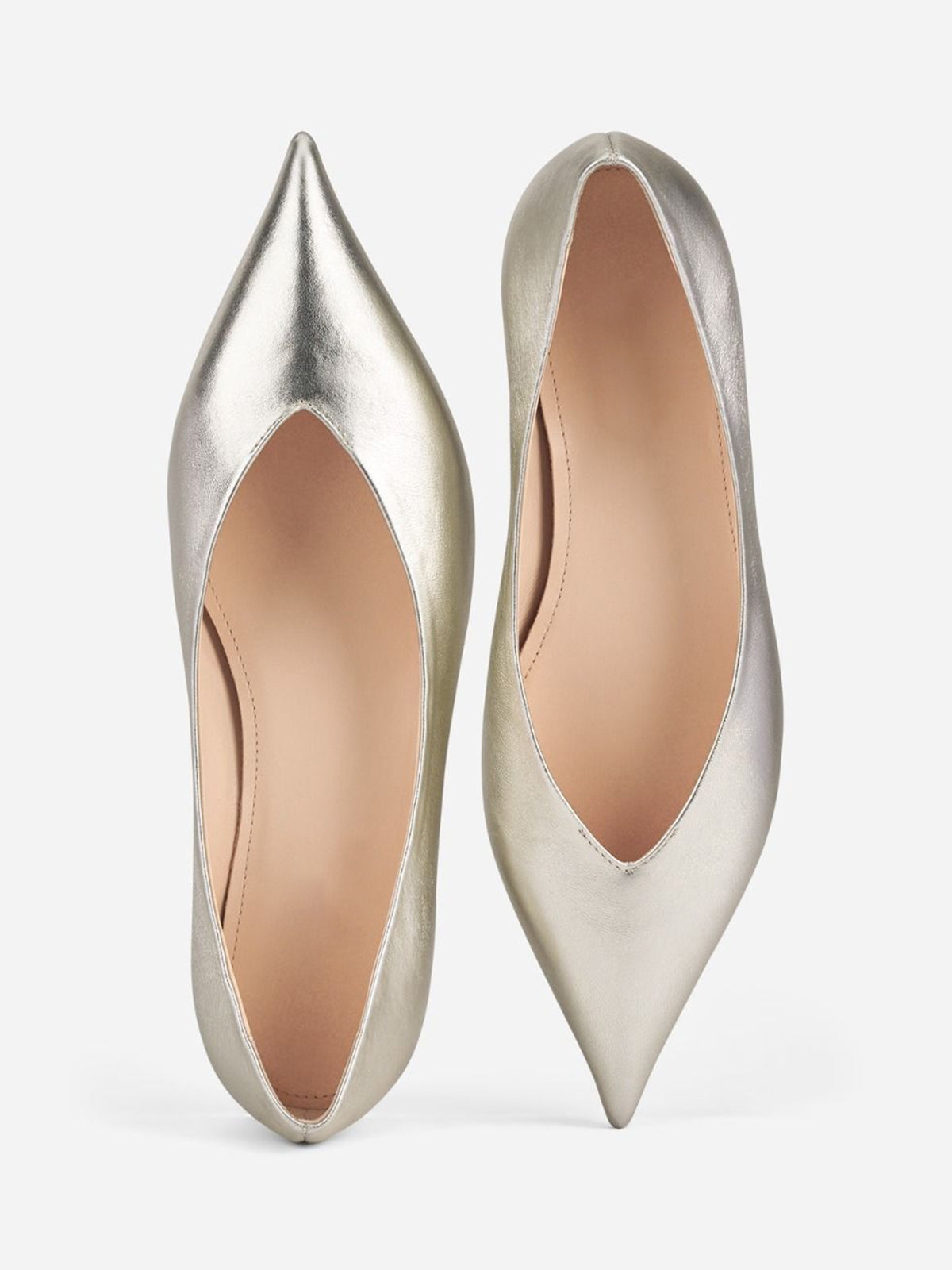 Metallic Silver Pointed-Toe Slip-On Ballet Flats