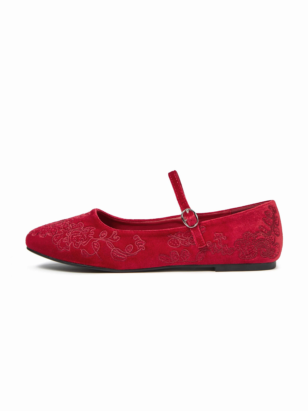 Red Velvet Square-Toe Chic Mary Jane Ballet Flats