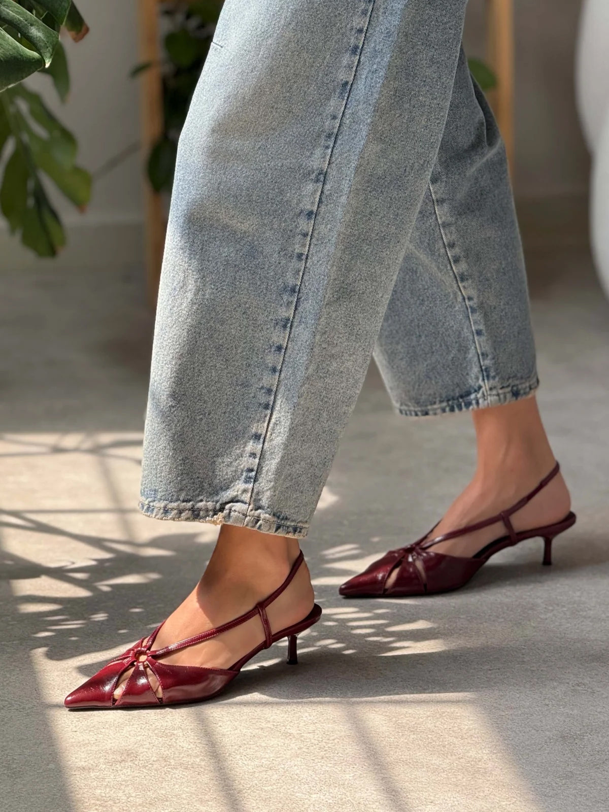 Burgundy Pointed-Toe Elastic Strap Slingback Kitten Heels