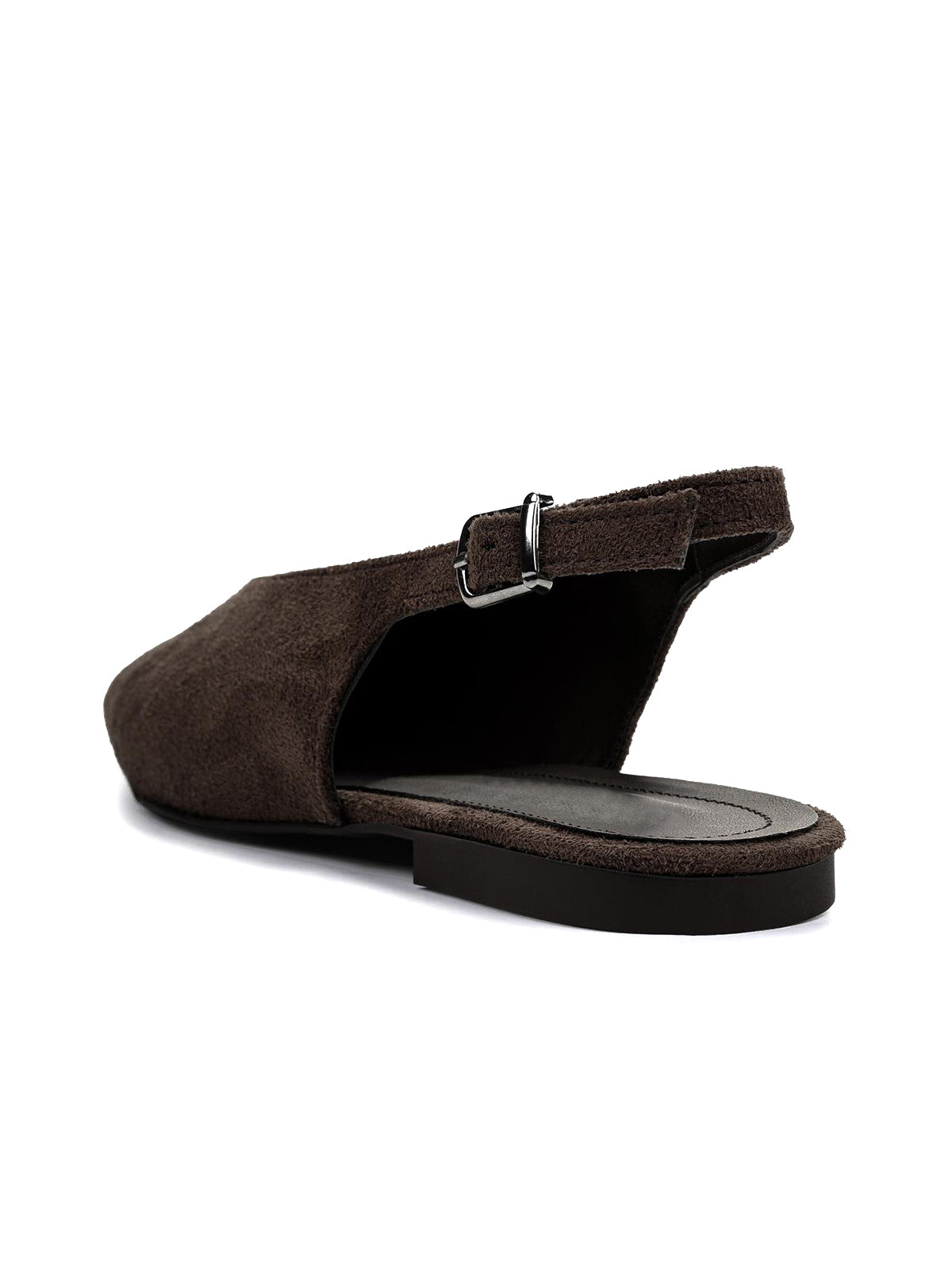 Coffee Faux Suede Square-Toe Classic Buckle Back Strap Slip-On Flats