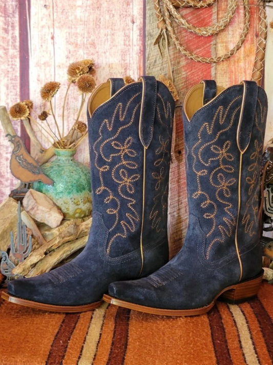 Faux Suede Embroidery Snip-Toe Wide Mid Calf Cowgirl Boots - Dark Blue