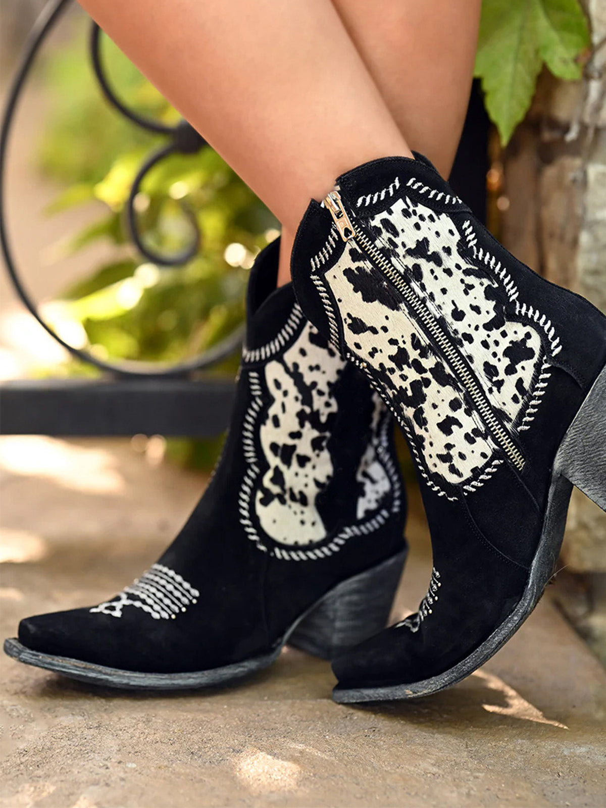 Contrast Black And Cow Print Snip-Toe Full-Zip Ankle Cowgirl Boots