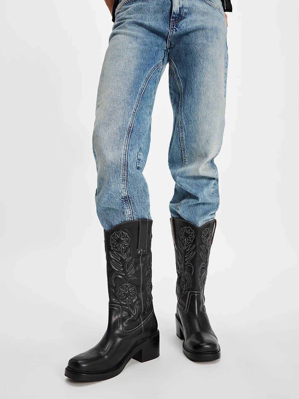 Black Square-Toe Flowers Stitch Mid Calf Cowgirl Boots