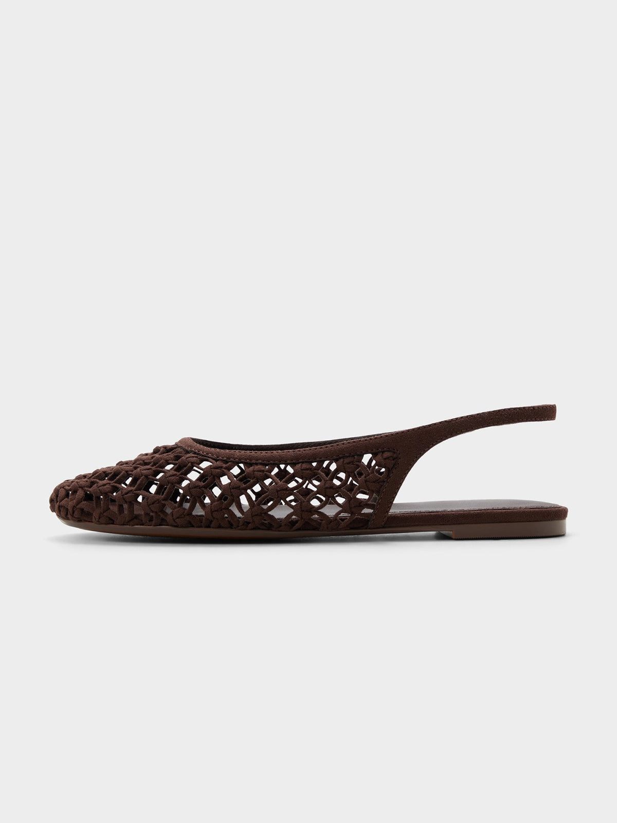 Dark Brown Woven Faux Suede Round-Toe Chic Back Strap Flats