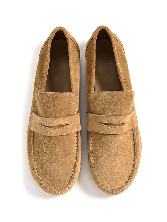 Round-Toe Slip-On Classic Loafers Flats - Tan Faux Suede