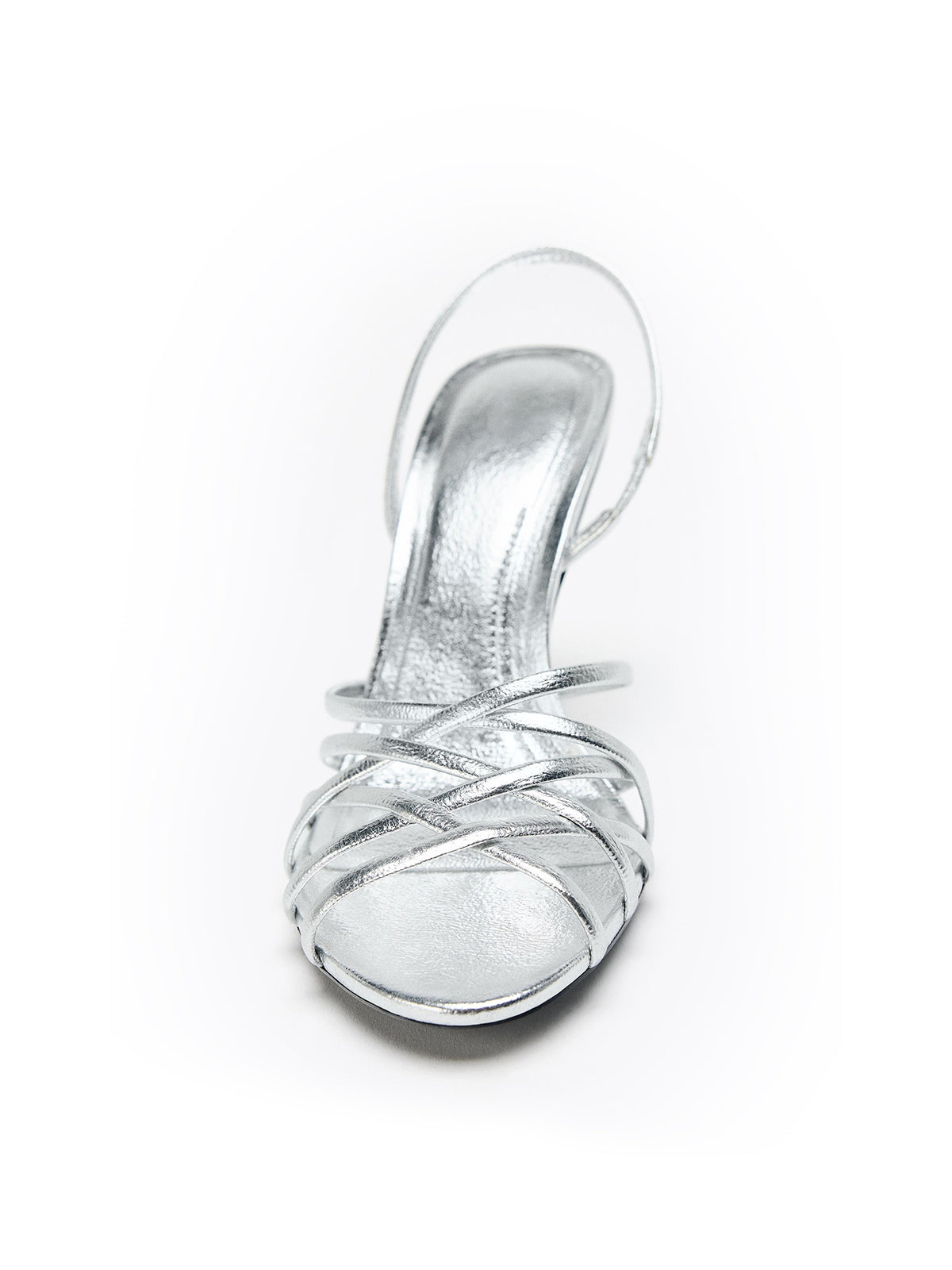 Metallic Silver Round-Toe Front Crossover Straps Slingback High Heels