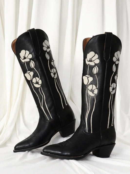 Black Almond-Toe Flowers Applique Wide Calf Knee High Chic Cowgirl Boots