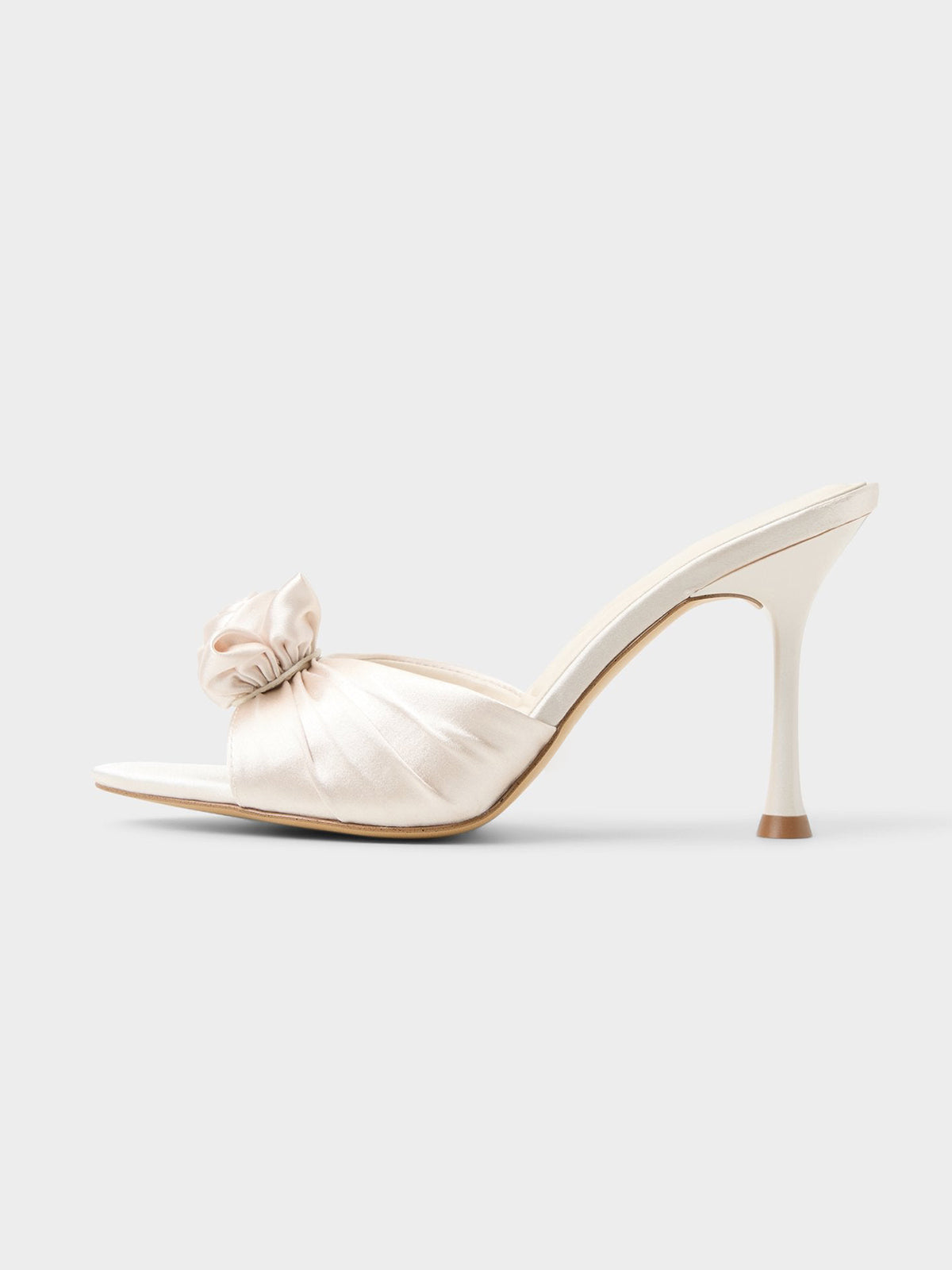Ivory Satin Peep Round-Toe Front Rose Detail Slip-On High Heels