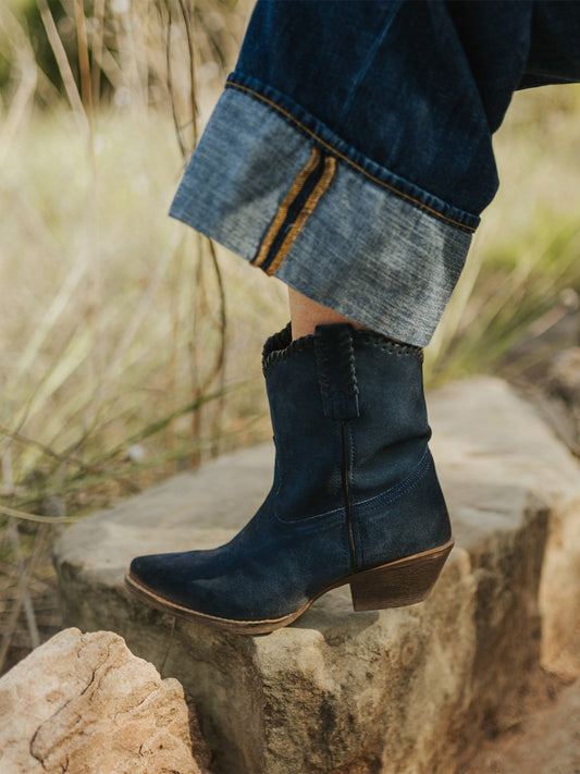 Navy Faux Suede Snip-Toe Short Slip-On Ankle Cowgirl Boots