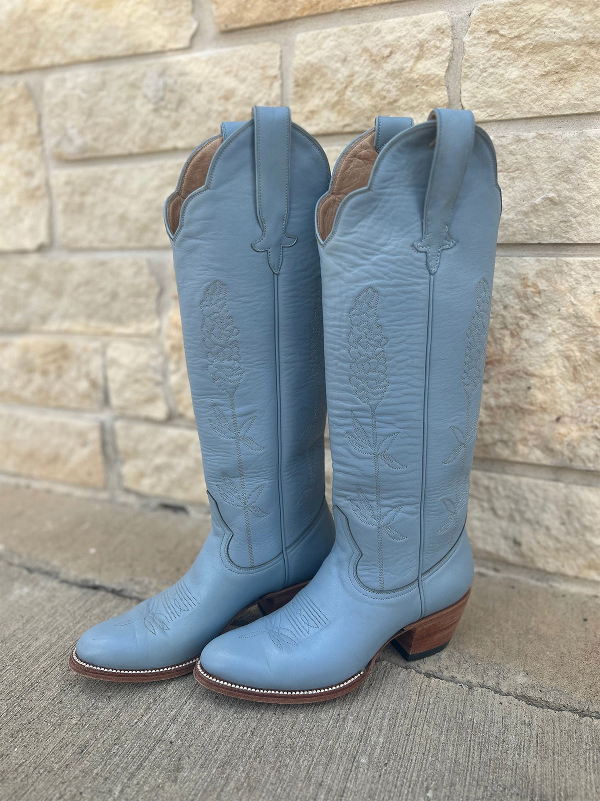 Almond-Toe Ear-Of-Rice Embroidery Wide Calf Knee High Cowgirl Boots - Blue