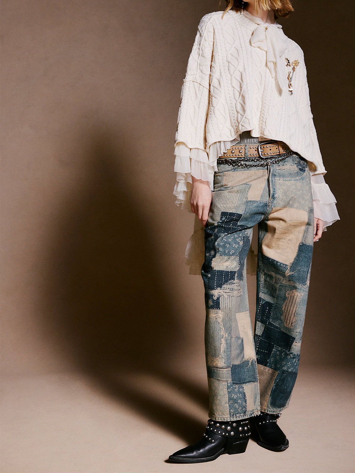 Black Pointed-Toe Studded Buckle Strap Full-Zip Ankle Cowgirl Boots