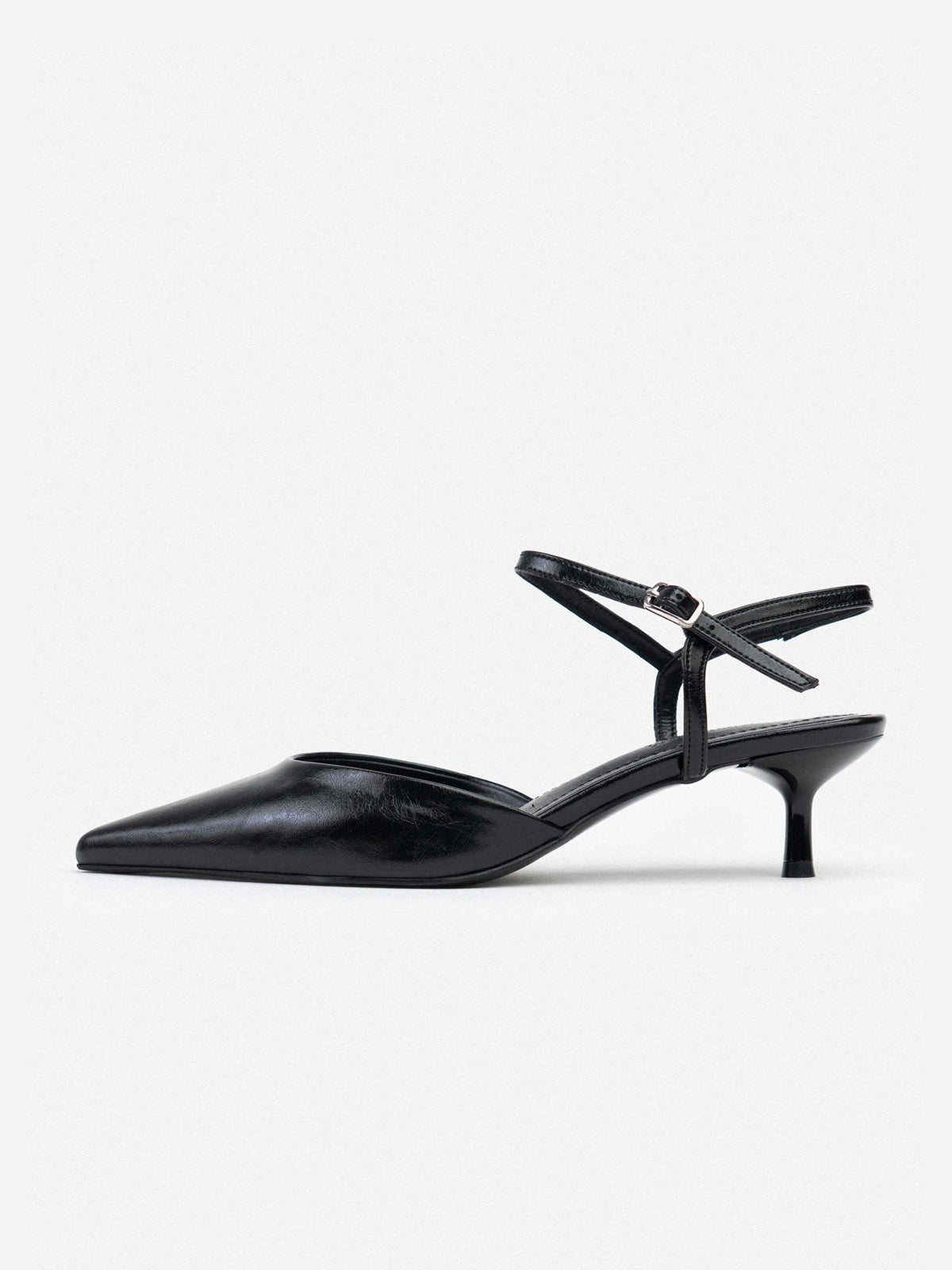 Ankle Strap Pointed-Toe Concise Kitten Heels - Black