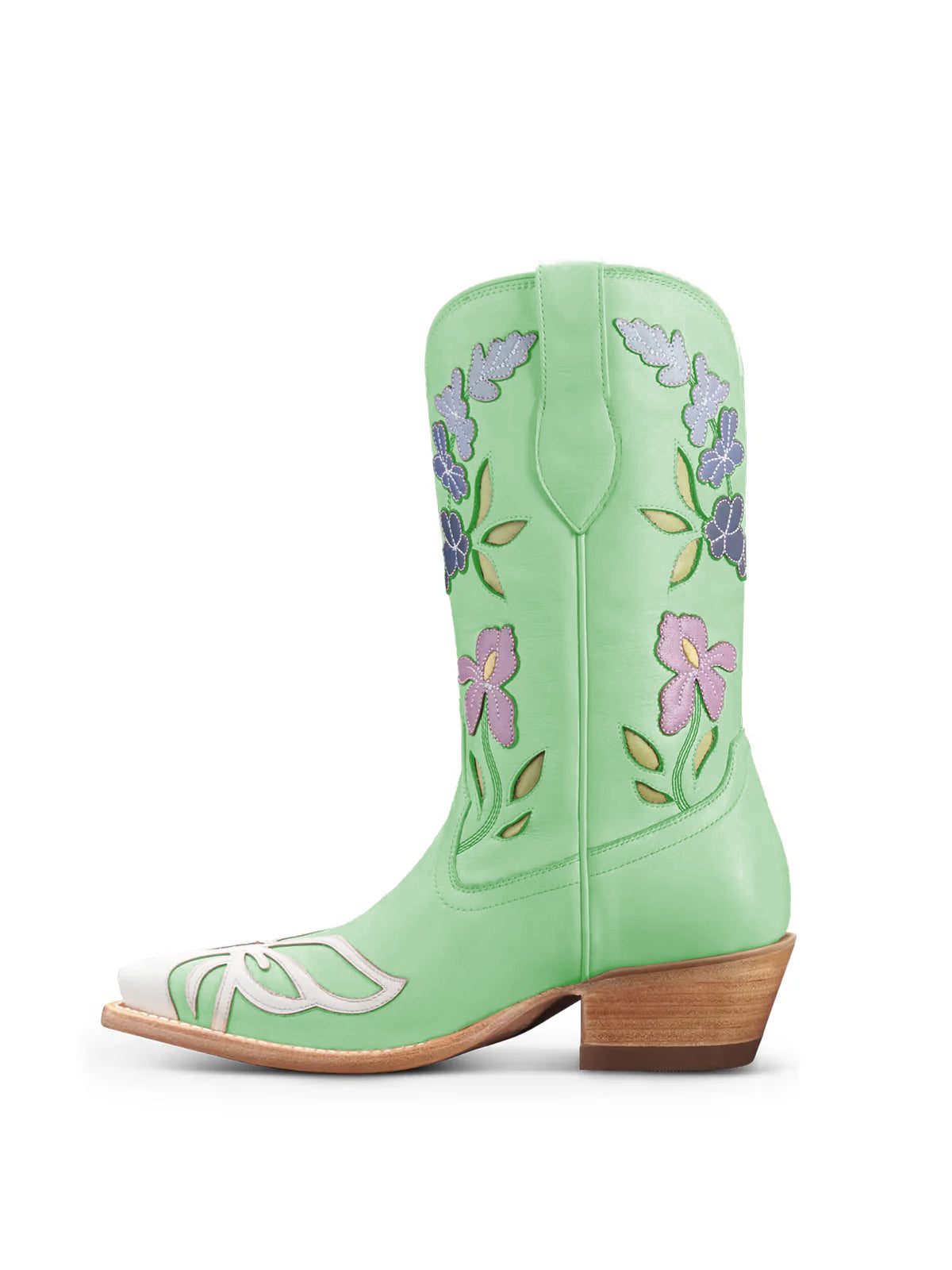 Light Green Snip-Toe Flower Applique Mid Calf Pull On Cowgirl Boots