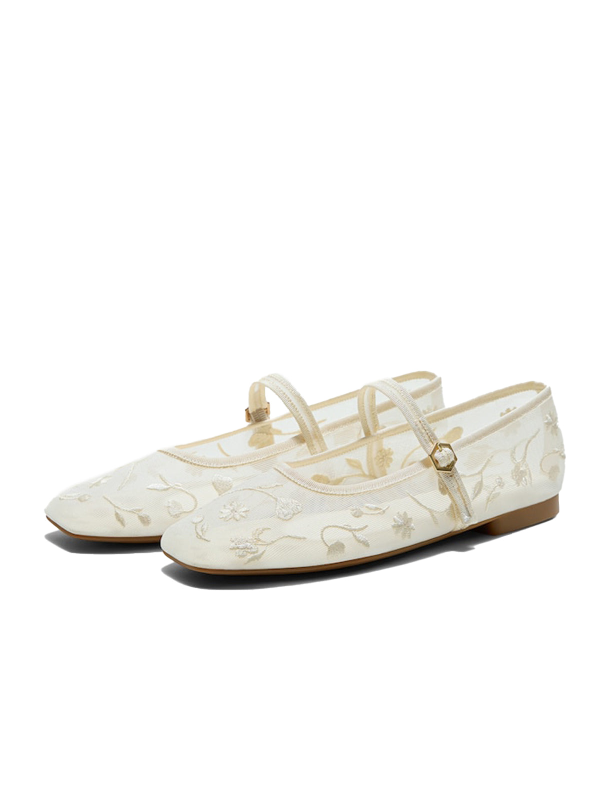 Mesh And Satin Square-Toe Floral Embroidery Mary Jane Flats - Cream
