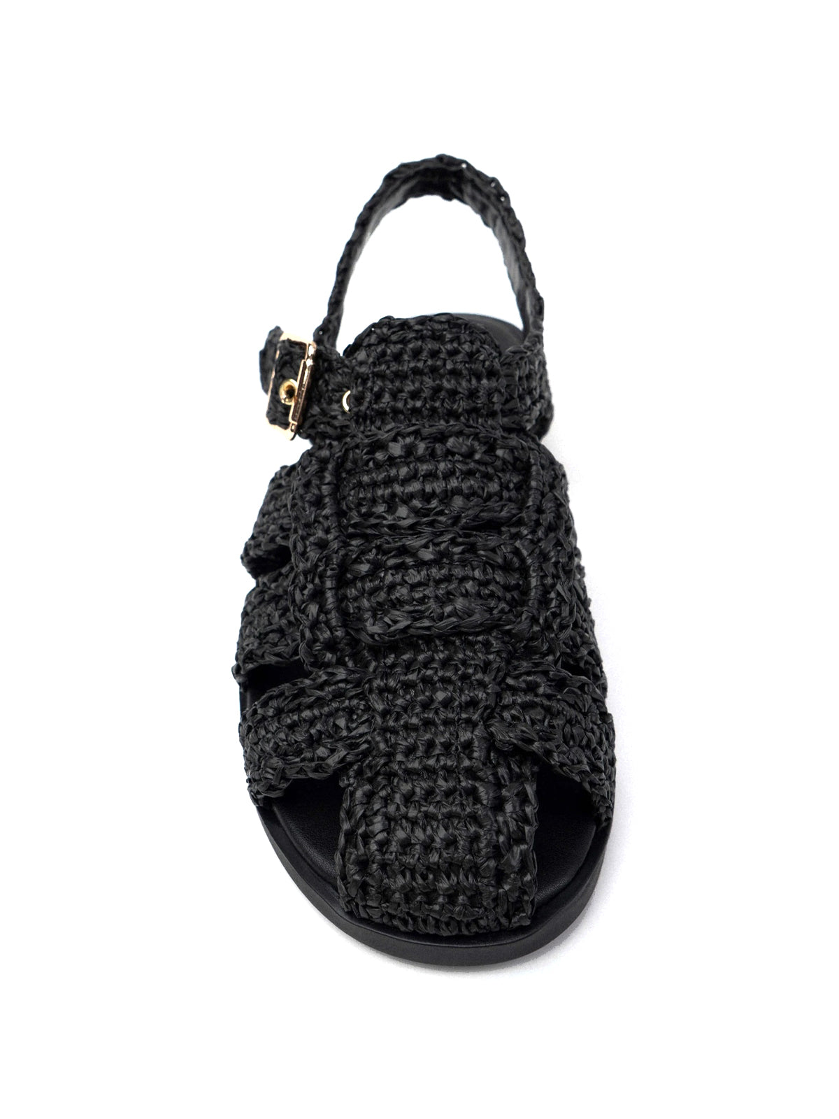 Black Grass Woven Round-Toe Caged Detail Buckle Strap Flats
