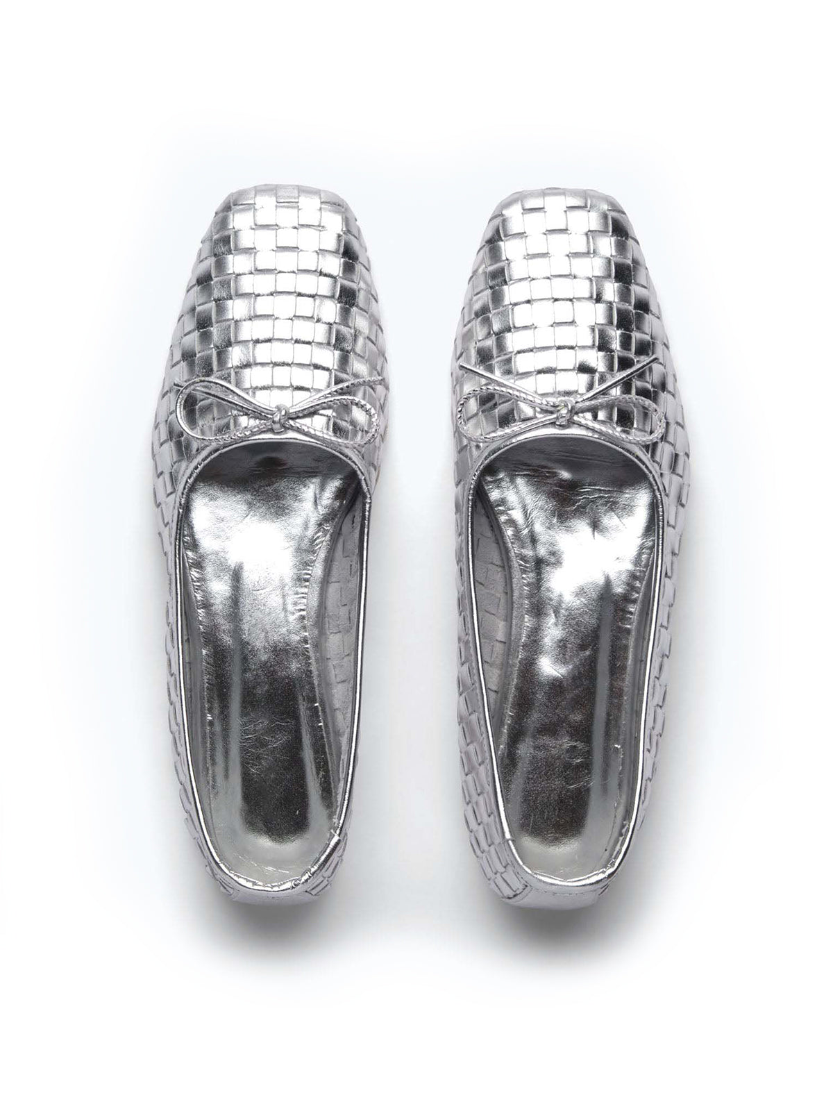 Vegan Leather Woven Square-Toe Bow Ballet Flats - Metallic Silver