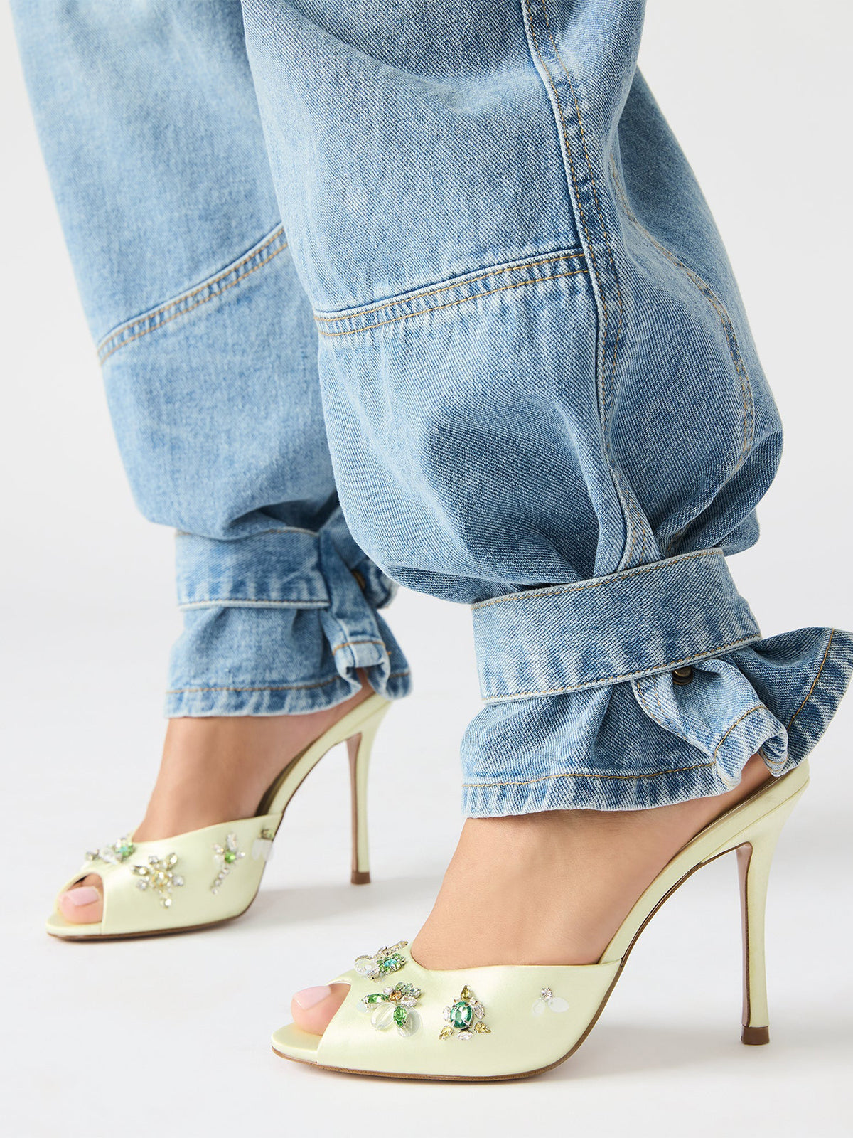 Butter Yellow Elegant Floral Satin Round-Toe Backless High Heels