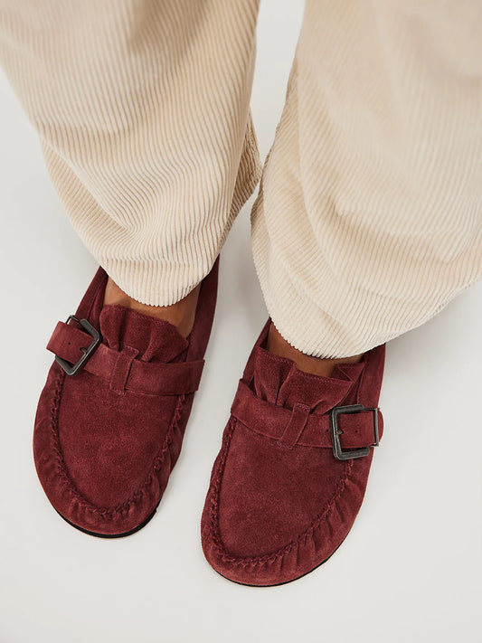 Burgundy Faux Suede Round-Toe Buckle Strap Backless Mules Flats