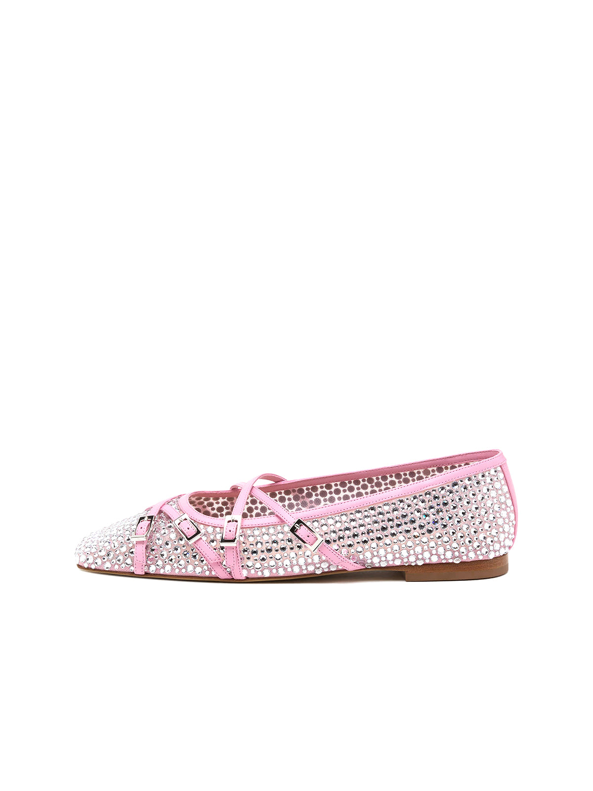 Pink Rhinestone Mesh Square-Toe Strappy Ballet Flats