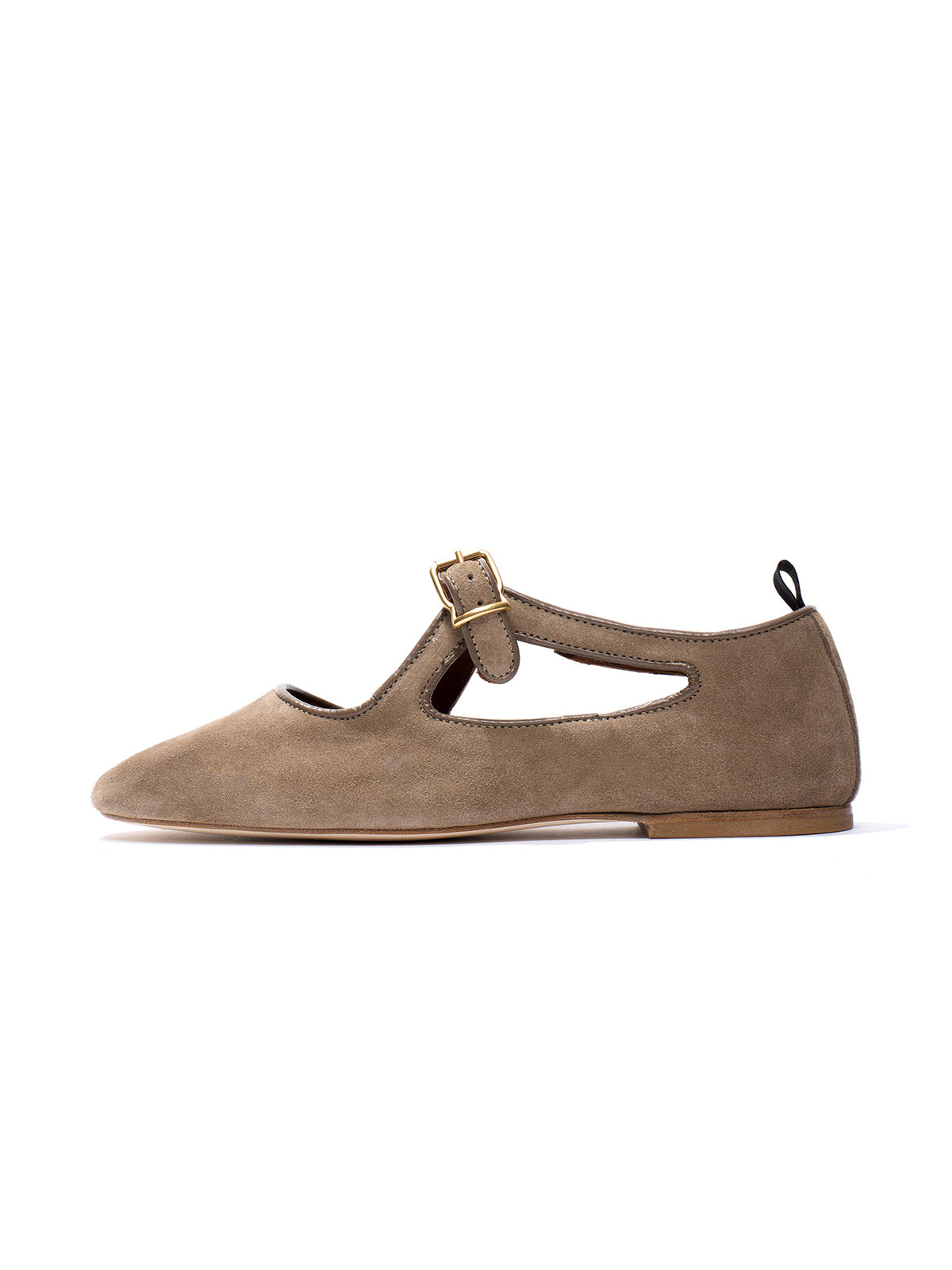 Square-Toe Buckle Strap Chic Flats - Taupe Faux Suede