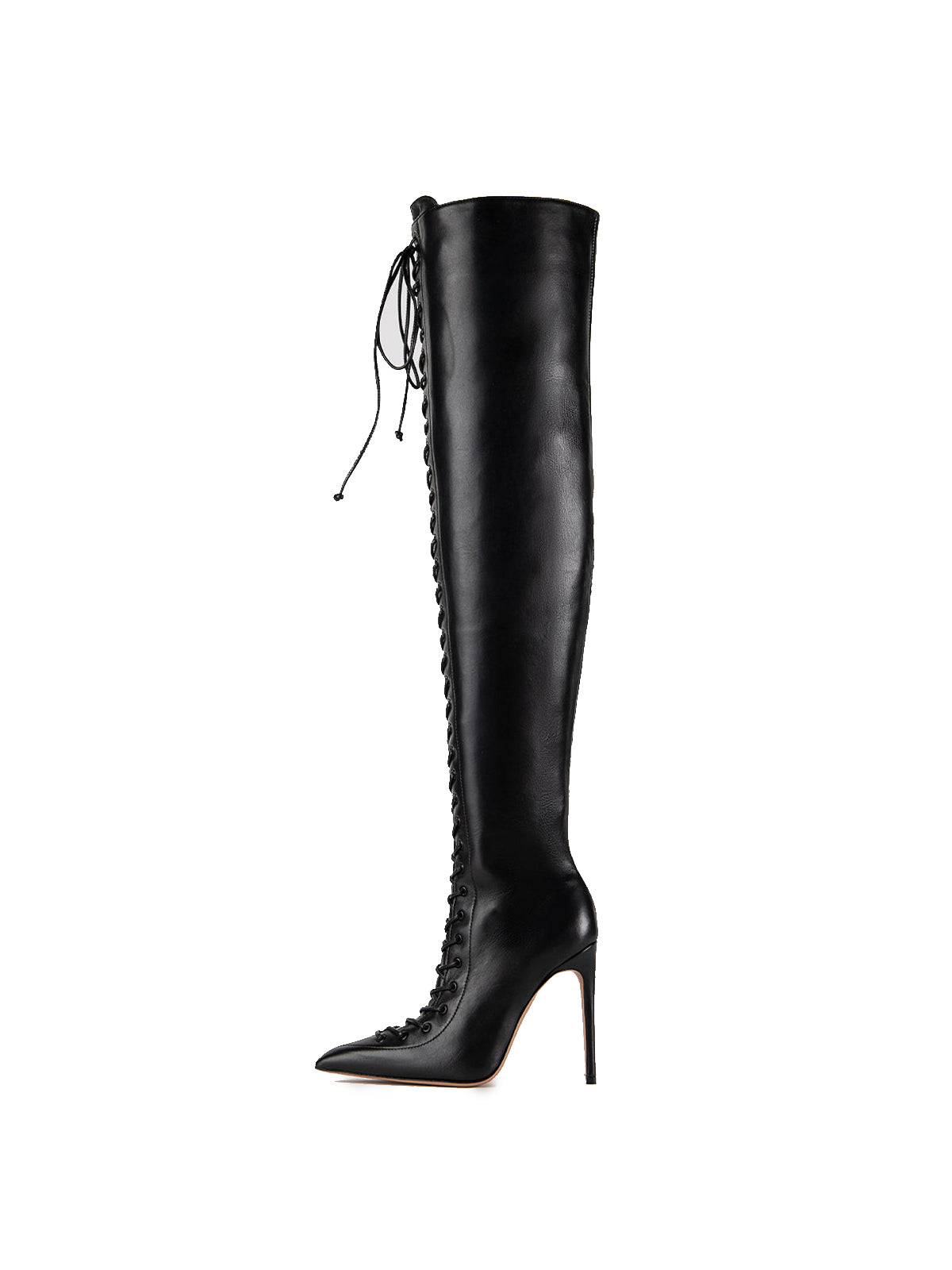Black Pointed-Toe Full Lace-Up Over-The-Knee Stiletto Boots