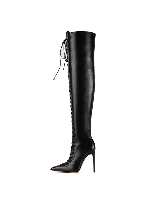 Black Pointed-Toe Full Lace-Up Over-The-Knee Stiletto Boots