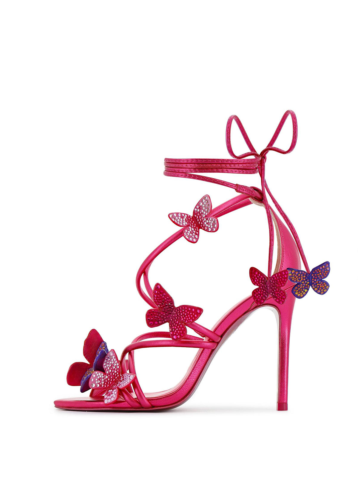 Metallic Pink Pointed-Toe Strappy With Crystal-Studded Butterflies High Heels
