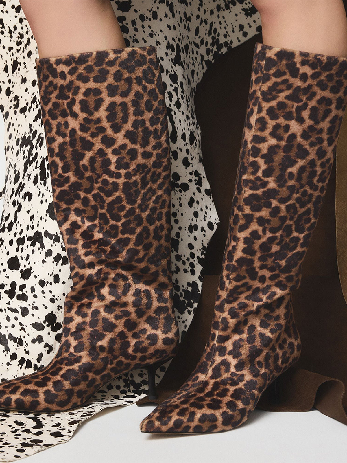 Leopard Faux Suede Pointed-Toe Wide Calf Knee High Stiletto Boots