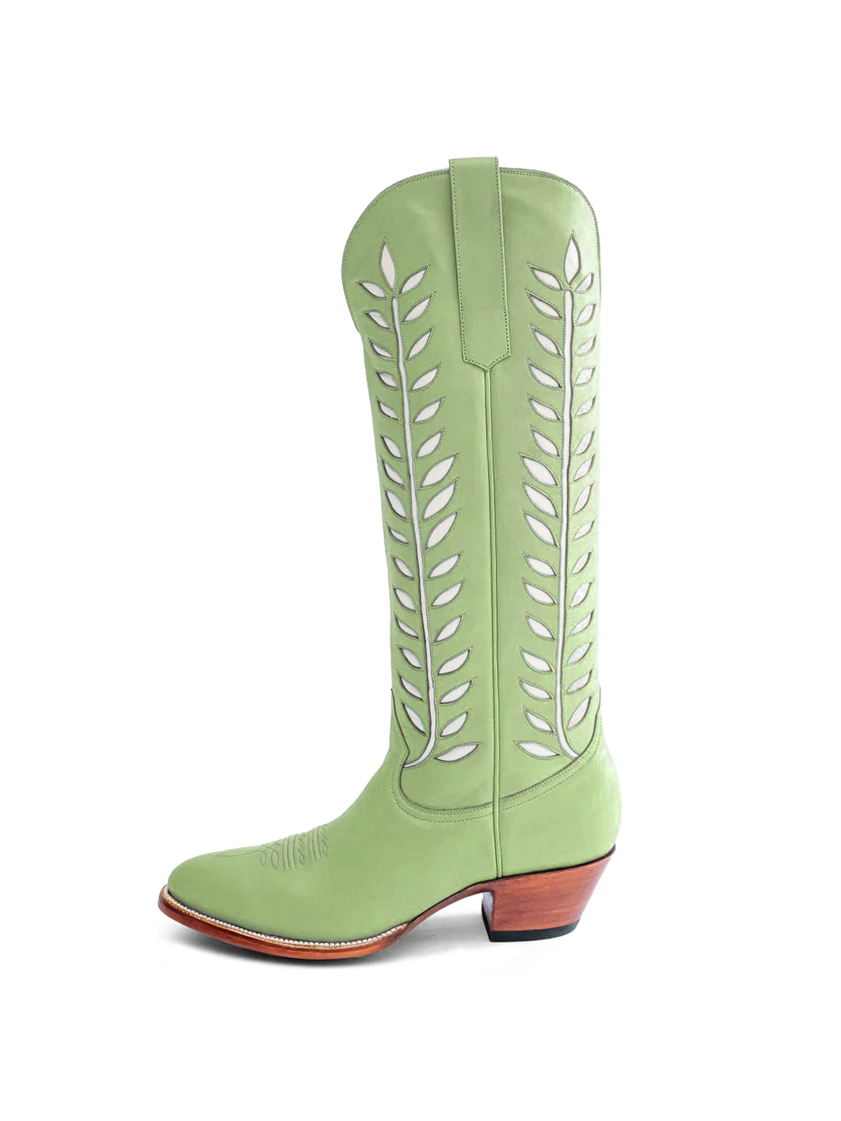 Almond-Toe White Leaves Inlay Wide Calf Tall Knee High Cowgirl Boots - Green